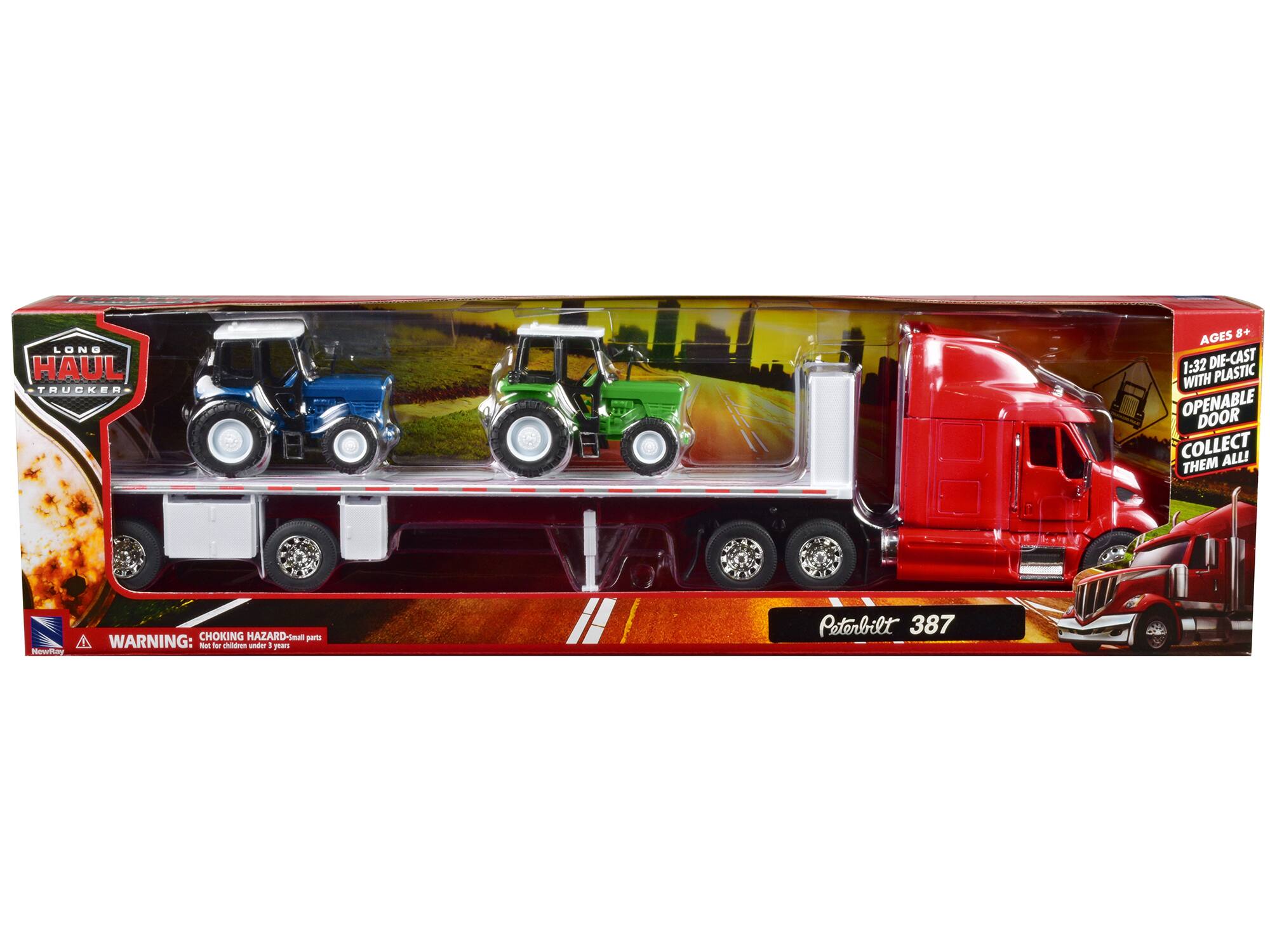 LONG HAUL TRUCKER AGES 8+ 1:32 DIE-CAST WITH PLASTIC OPENABLE DOOR COLLECT THEM ALL!  
WARNING: CHOKING HAZARD - Small parts. Not for children under 3 years.  
Peterbilt 387