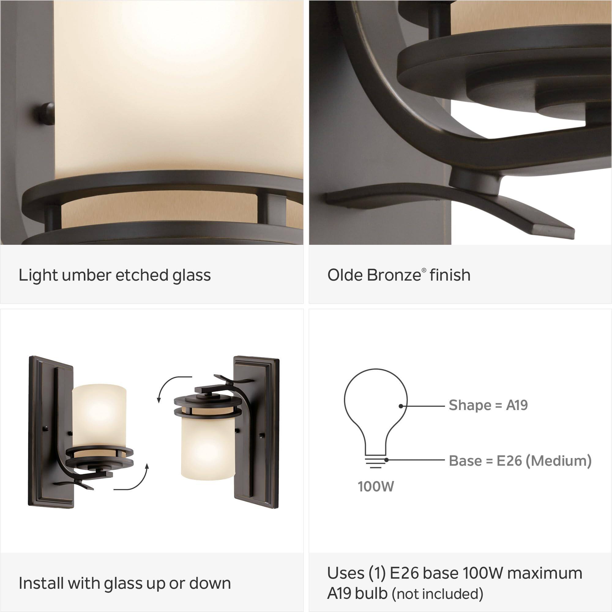 - Light amber etched glass
- Olde Bronze® finish
- Install with glass up or down
- Shape = A19
- Base = E26 (Medium)
- Uses (1) E26 base 100W maximum A19 bulb (not included)