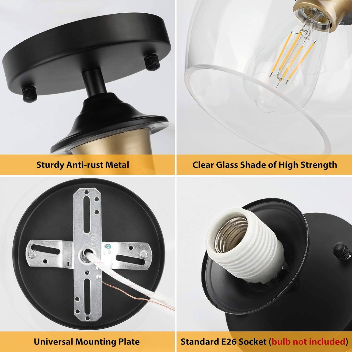 - Sturdy Anti-rust Metal
- Clear Glass Shade of High Strength
- Universal Mounting Plate
- Standard E26 Socket (bulb not included)