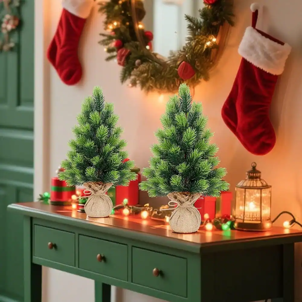 Left. RTMB - 2-Pack 16.5" Mini Artificial Christmas Trees with Burlap Base, Green Pine - Green.