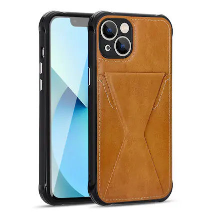 Front. Reiko - Tpu Leather Phone Case For Apple Iphone 13 With Card Holder Strap In Brown - Brown.