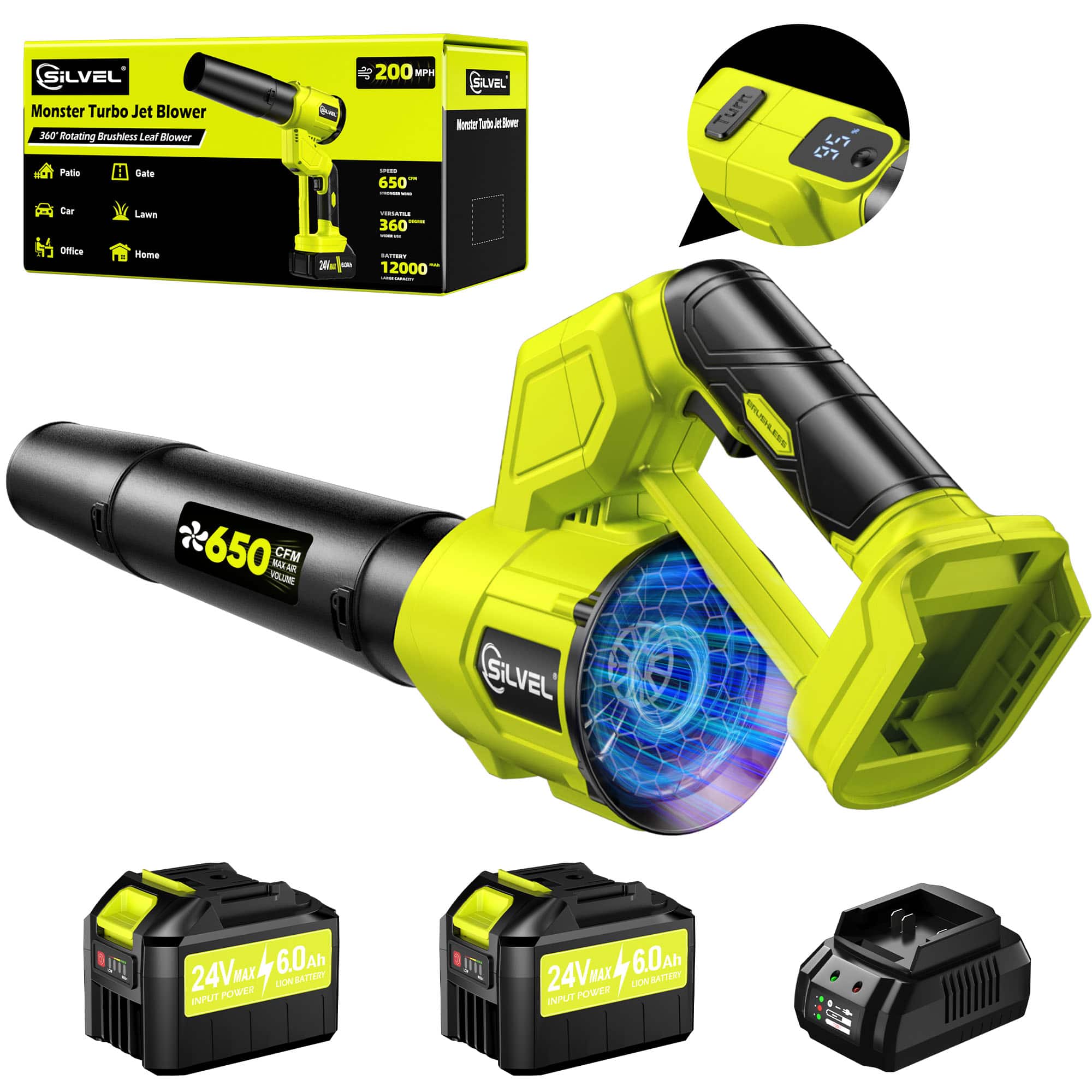 SiLVEL Monster Turbo Jet Blower  
360° Rotating Brushless Leaf Blower  

- Patio  
- Gate  
- Car  
- Lawn  
- Office  
- Home  

650 CFM  
360°  
12000 RPM  

24V MAX 6.0Ah  
INPUT POWER  
LION BATTERY  

200 MPH