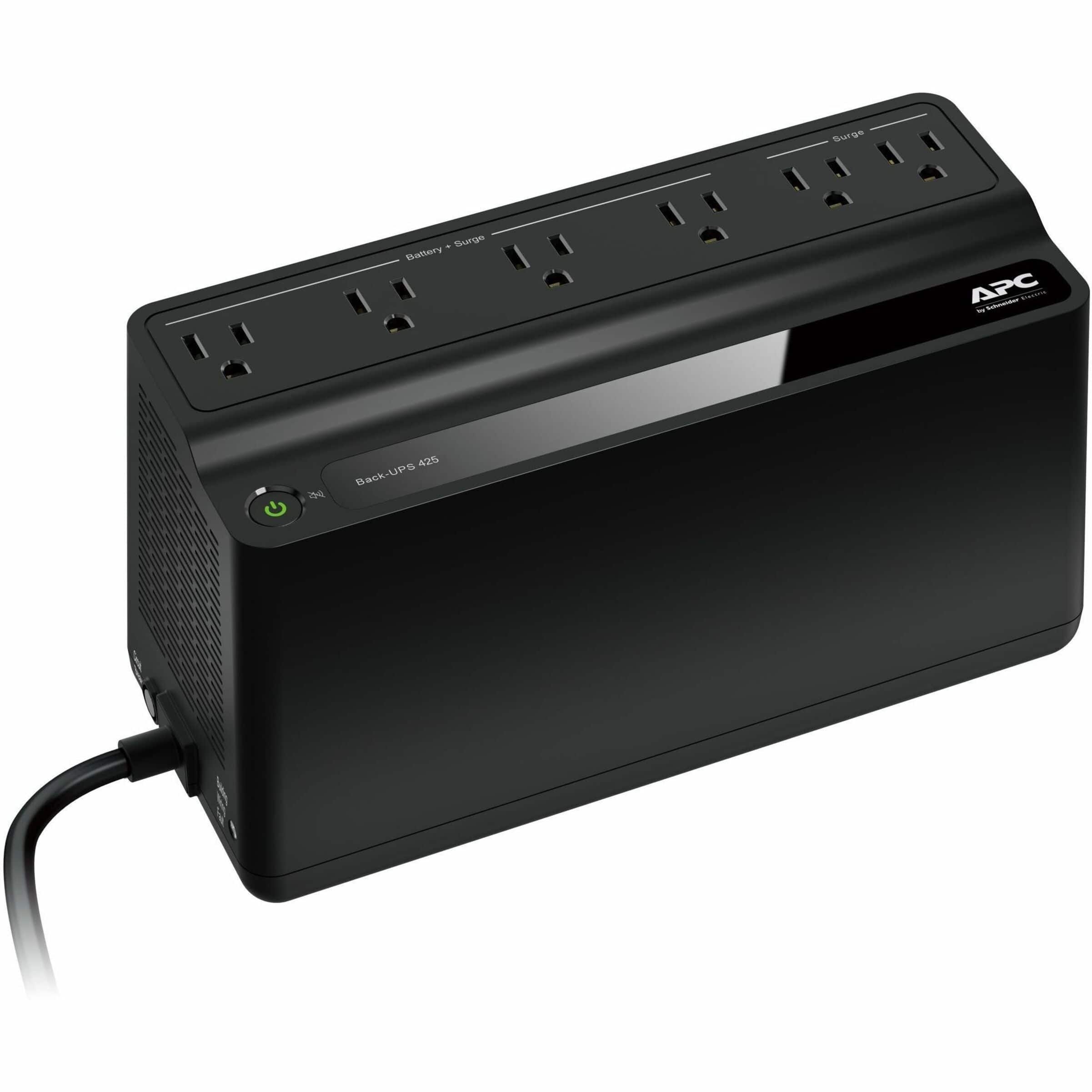 Front. APC - Back-UPS, 425VA/255W, Tower/Wall Mount, 6 Outlets, LED Indicator - Black.
