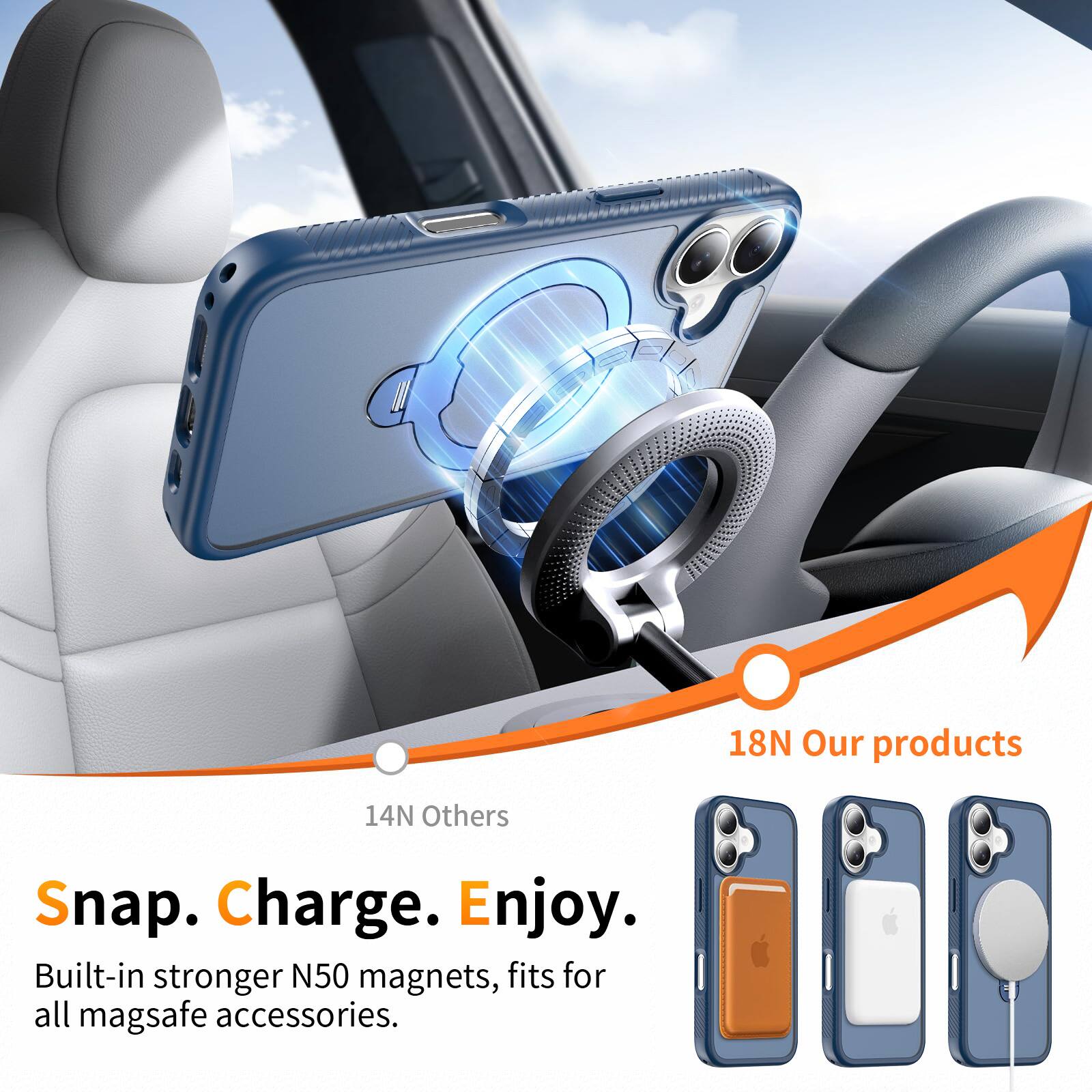18N Our products  
14N Others  

Snap. Charge. Enjoy.  

Built-in stronger N50 magnets, fits for all mag safe accessories.