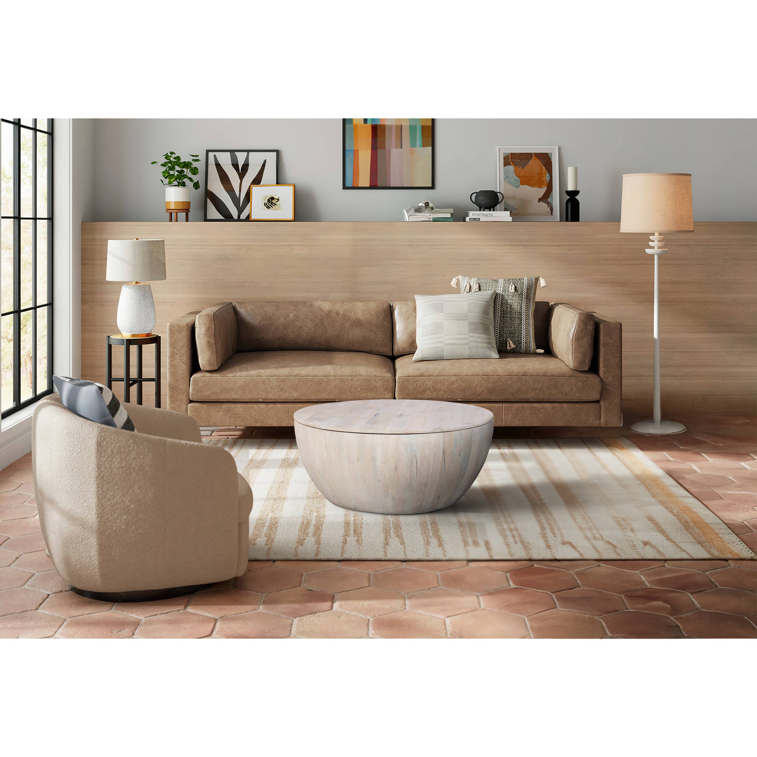 Alt View 9. Manhattan Lane - 37 Inch Round Coffee Table, Handcrafted Drum Shape with Storage, Washed White Mango Wood - White.