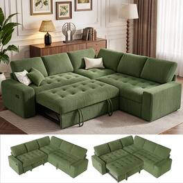 Dyonery - 80 Inch L-Shaped Modular Sectional Sofa,Green Corduroy Convertible Couch with Pull Out Sofa Bed,Adjustable Backrest - Green