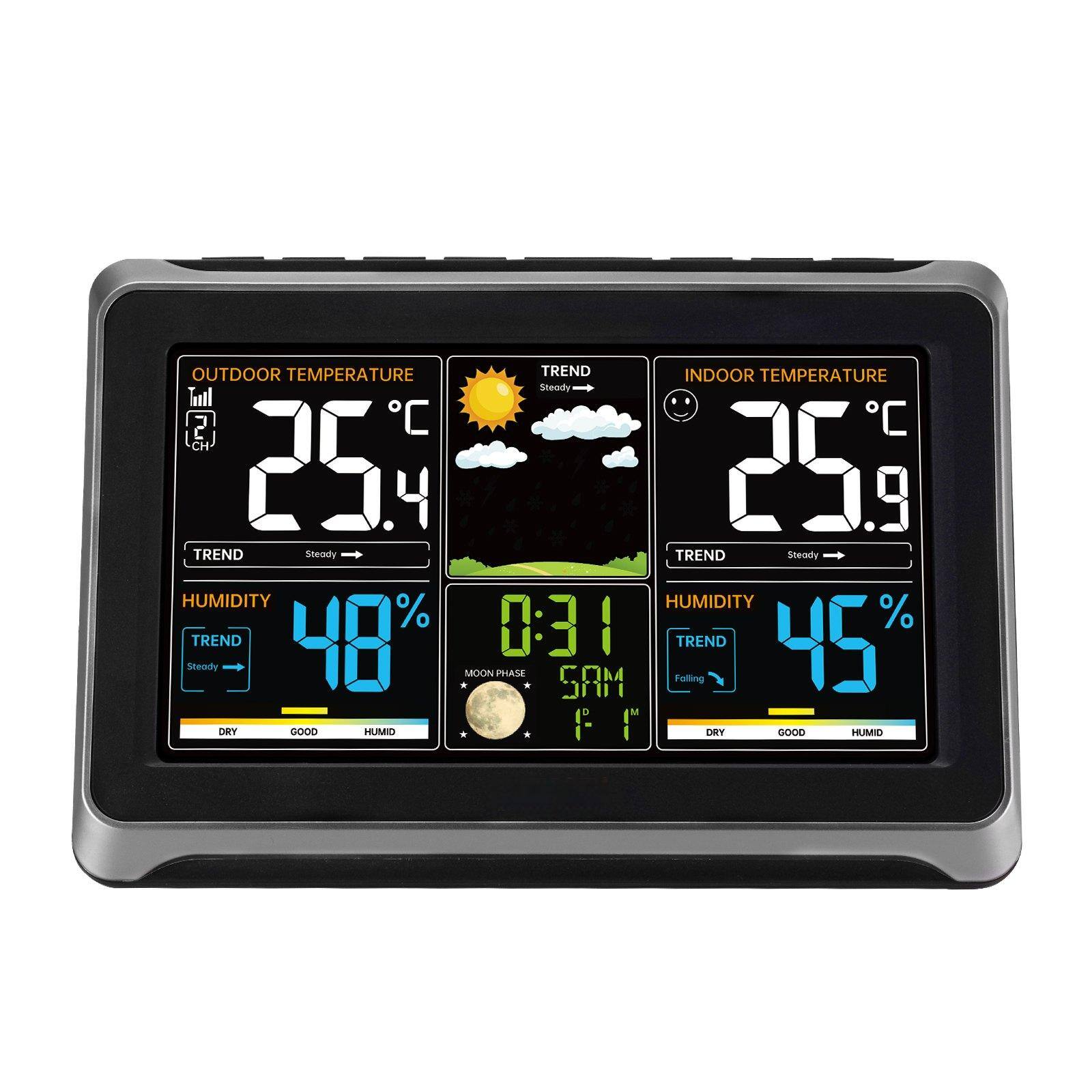 OUTDOOR TEMPERATURE  
26.4°C  
TREND Steady  

HUMIDITY  
48%  
TREND Steady  
DRY GOOD HUMID  

MOON PHASE  
0:31  
5:41  

INDOOR TEMPERATURE  
26.9°C  
TREND Steady  

HUMIDITY  
45%  
TREND Falling  
DRY GOOD HUMID