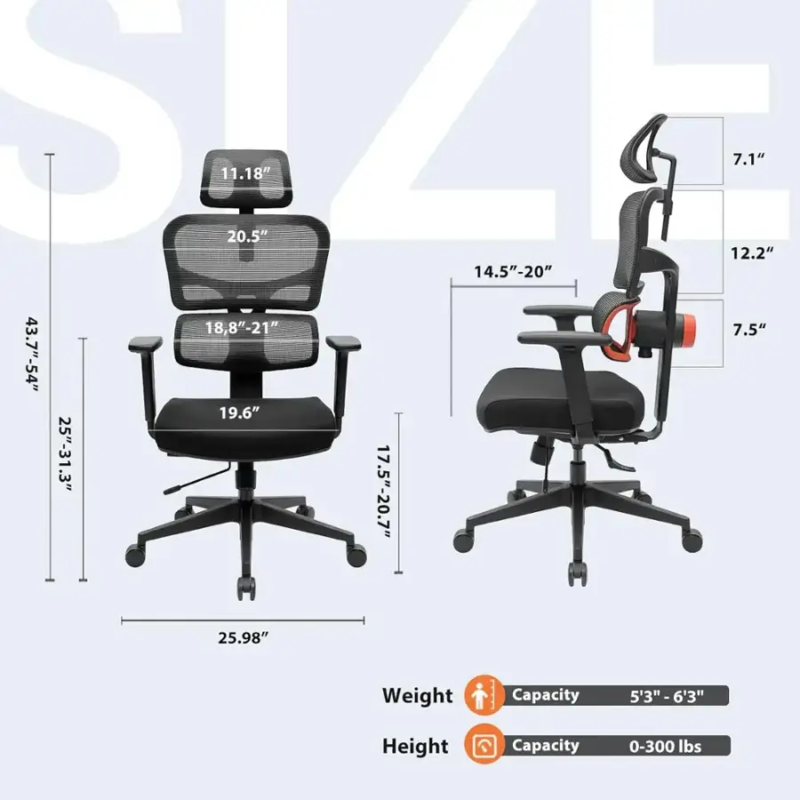 The text on the image is grouped and corrected as follows:

* S S.Zc 11.18" 20.5" 7.1" 12.2" 14.5"-20" 18,8"-21" 7.5" 43.7"-54" 19.6" 25"-31.3" 17.5"-20.7" 25.98"
* Weight Capacity: 0-300 lbs
* Height Capacity: 5'3" - 6'3"