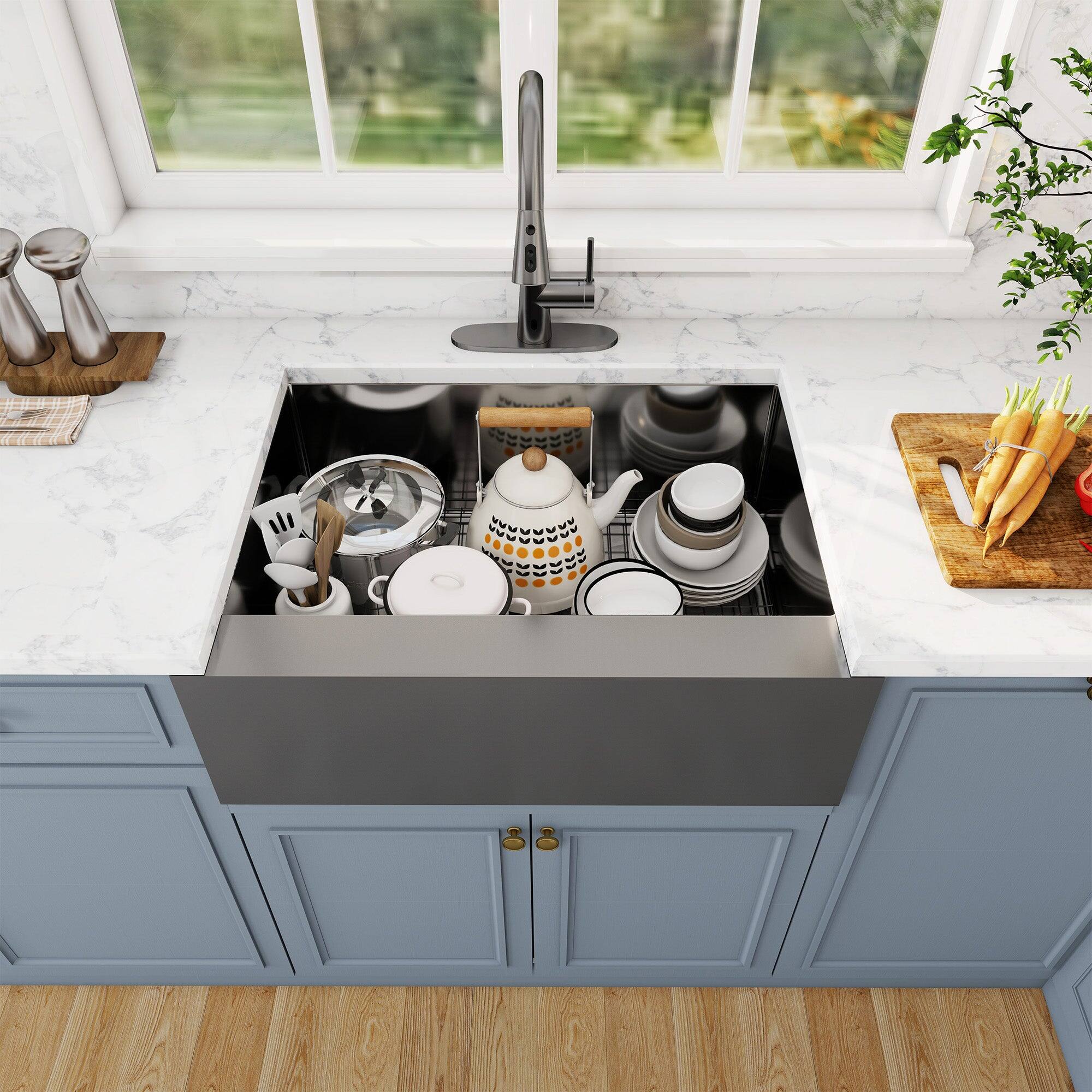 Alt View 3. Boyel Living - 30 in. Farmhouse Apron-Front Single Bowl 18-Gauge Gray Stainless Steel Kitchen Sink with Bottom Grid and Strainer Basket - Gray.