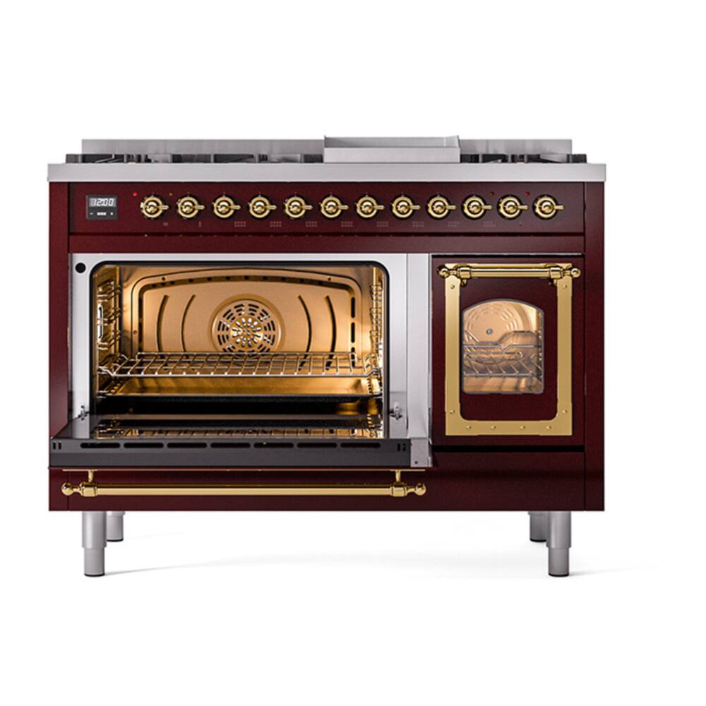 Alt View 6. ILVE - ILVE Nostalgie II Series 48 in. Dual Fuel Range with 8 Sealed Burners + Griddle (Liquid Propane, Brass Trim) - Burgundy.