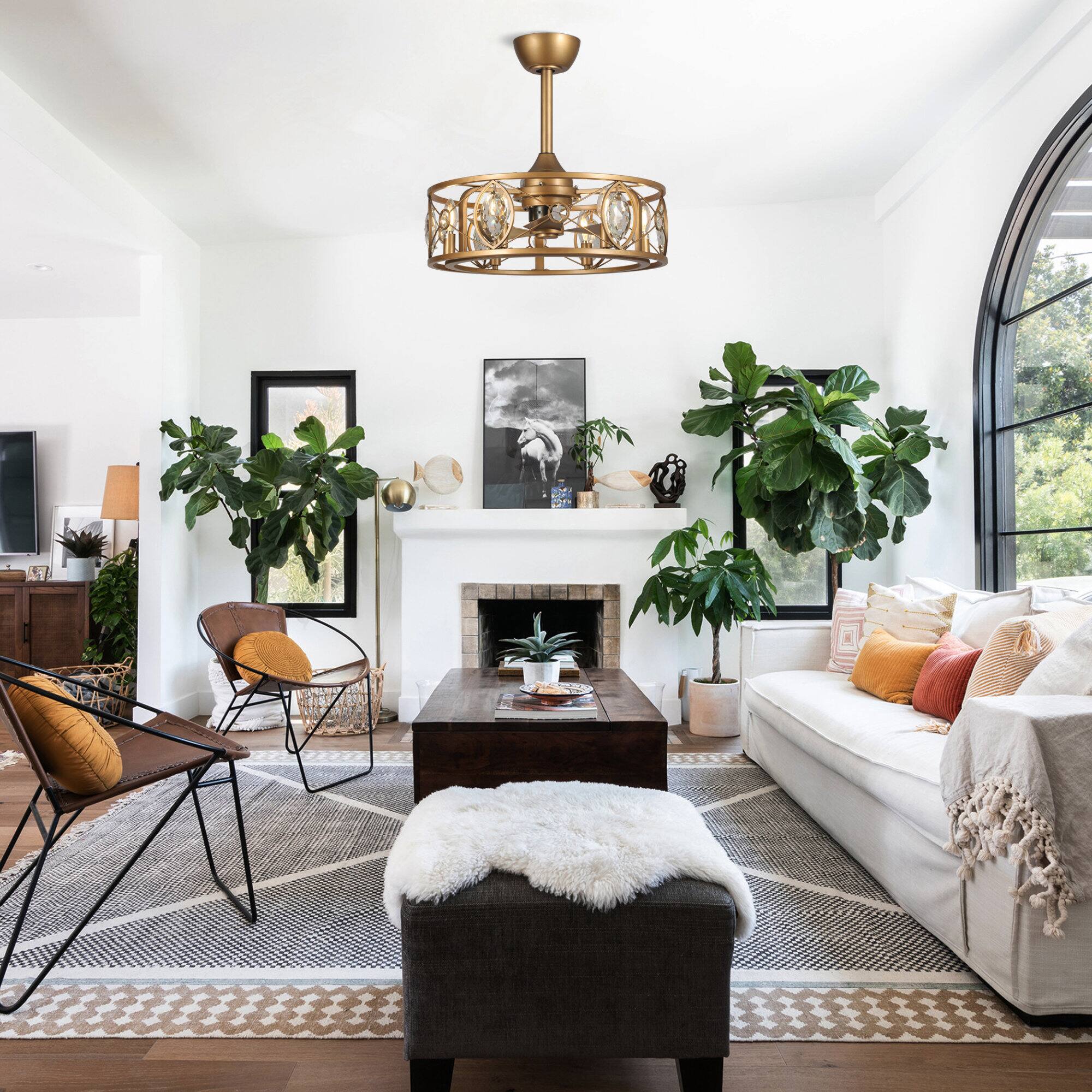 Left. Parrot Uncle - 22" Antique Brass Crystal Caged Ceiling Fan Chandelier with Remote and Light Kit - Brass.