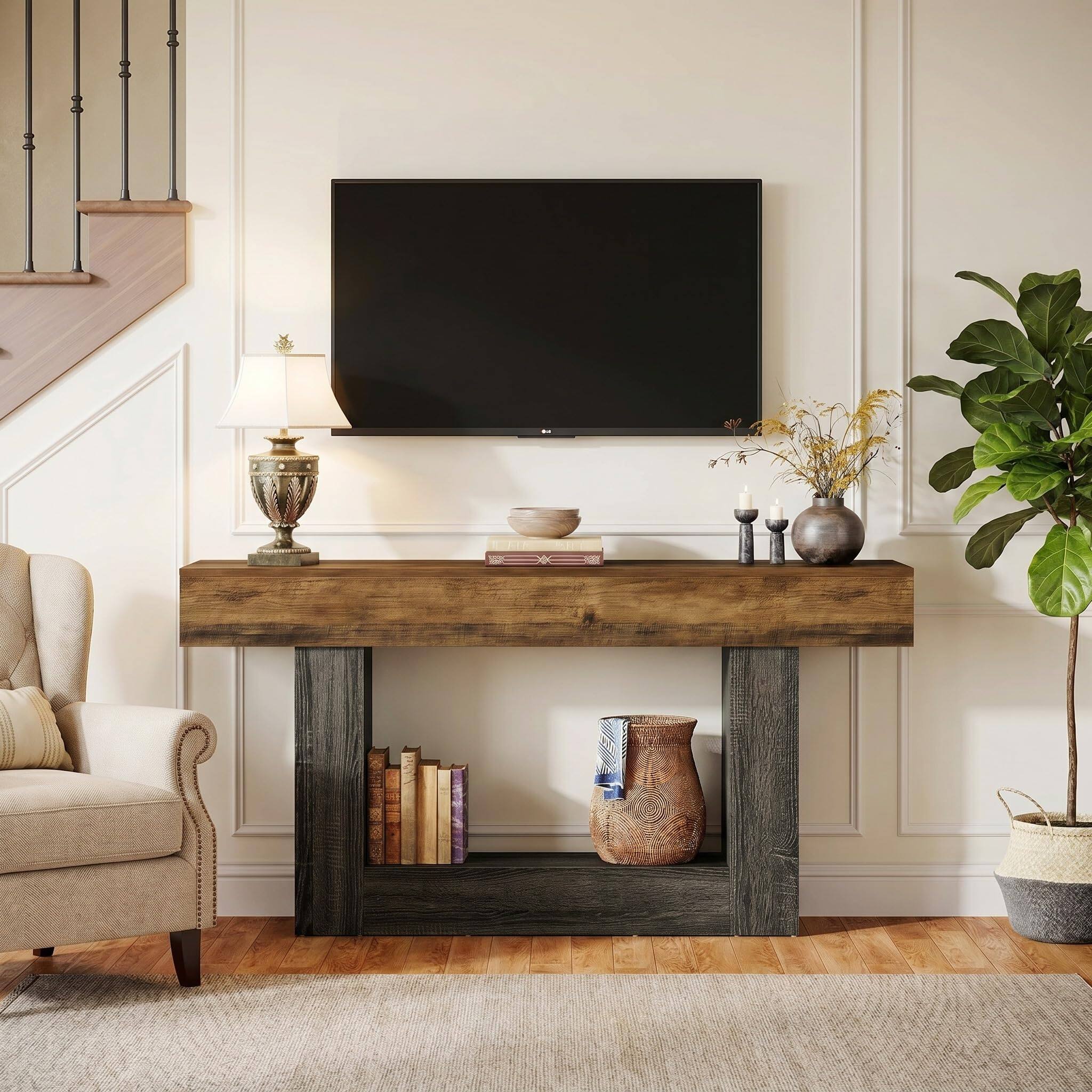 Alt View 4. Tribesigns - 63-Inch Farmhouse TV Stand with Two-Tone Wood-Grain Finish and Open Storage for TVs up to 65 Inches - Brown & Grey.