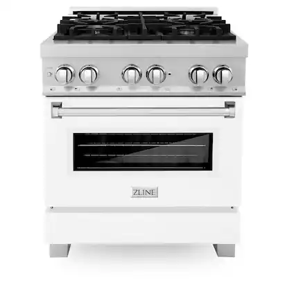 Front. ZLINE - 30 in. Wide 4 Burner Legacy Dual Fuel Freestanding Range in Satin Stainless Steel w/ White Matte Door - Matte White.