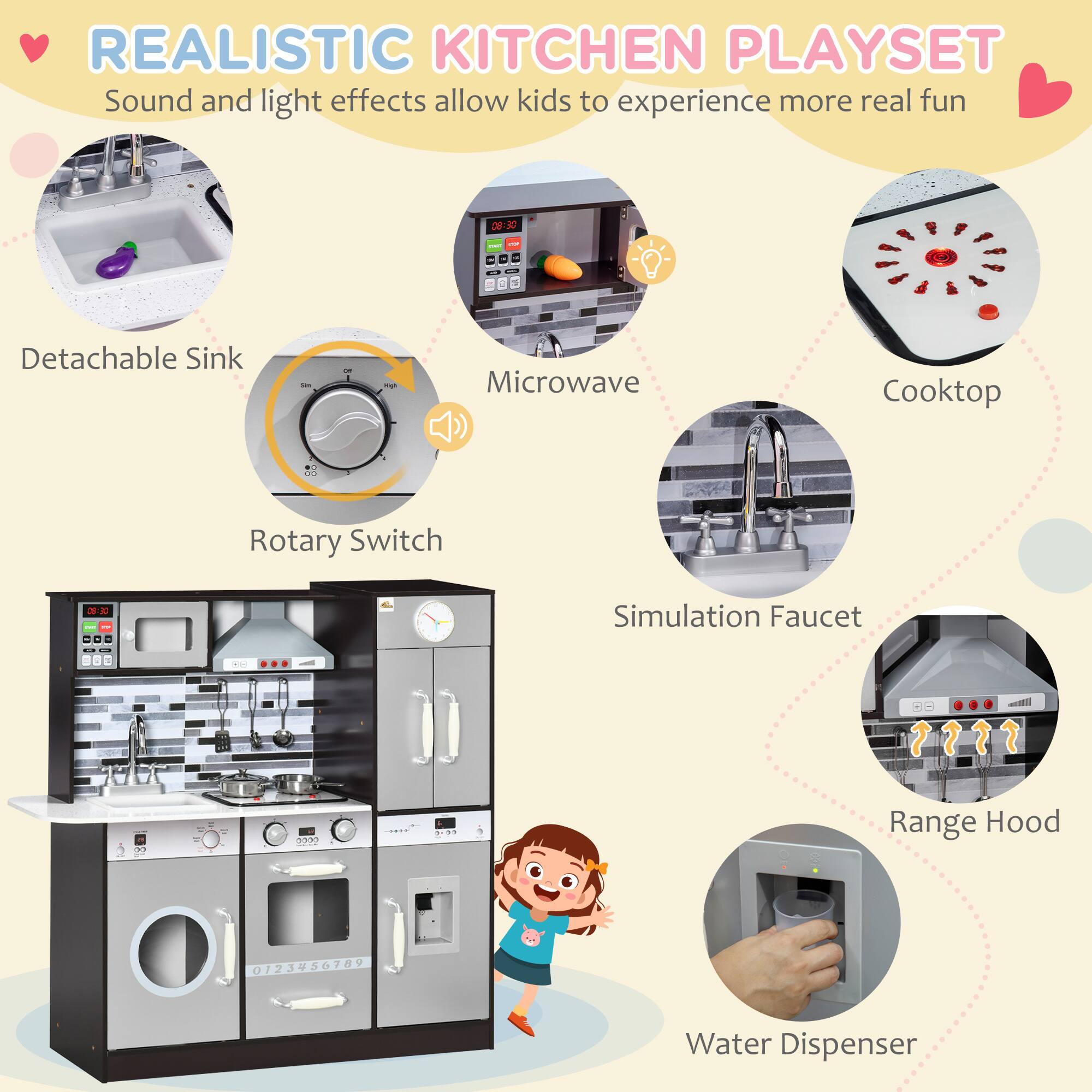 REALISTIC KITCHEN PLAYSET  
Sound and light effects allow kids to experience more real fun

- Detachable Sink
- Microwave
- Cooktop
- Rotary Switch
- Simulation Faucet
- Range Hood
- Water Dispenser