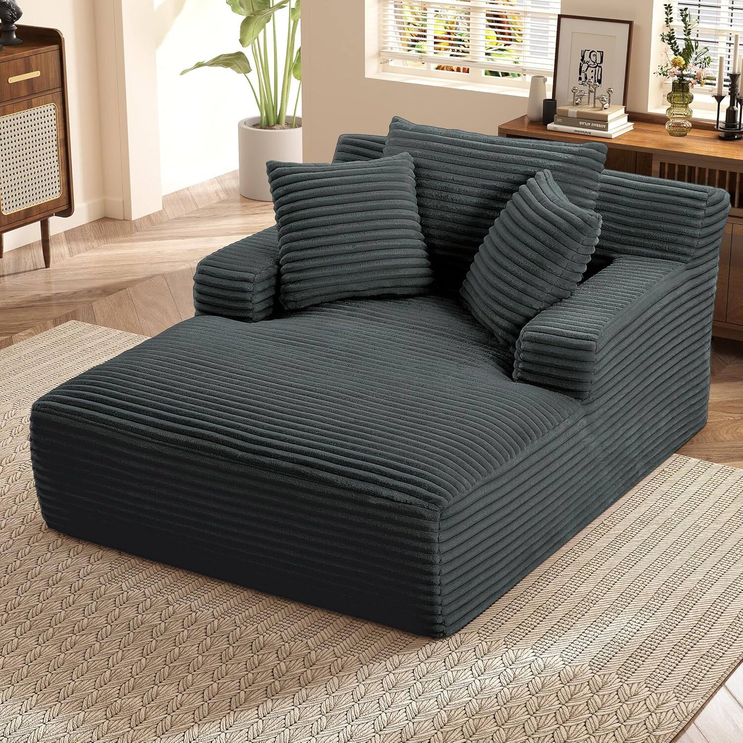 Front. Aukfa - Corduroy Sleeper Sofa & Lounge Chair - No Assembly, Deep Seat, Armrests, 2 Pillows | Upholstered Chaise, Indoor Comfort - Dark gray.
