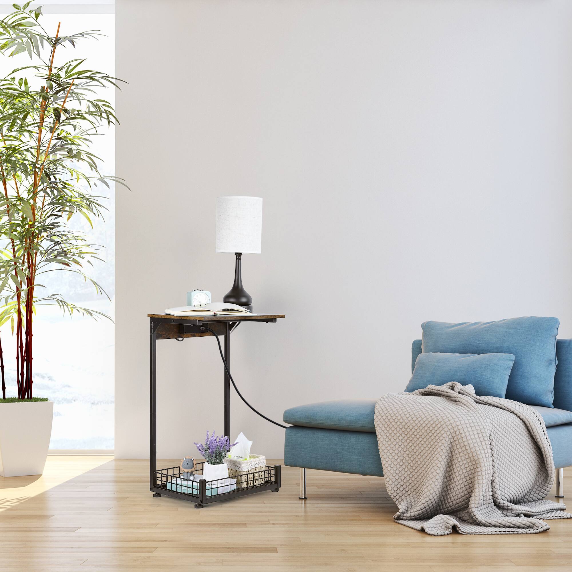 Left. Oumilen - Rustic C-Shaped End Table with Built-In Power Outlets & Mesh Basket - Brown.