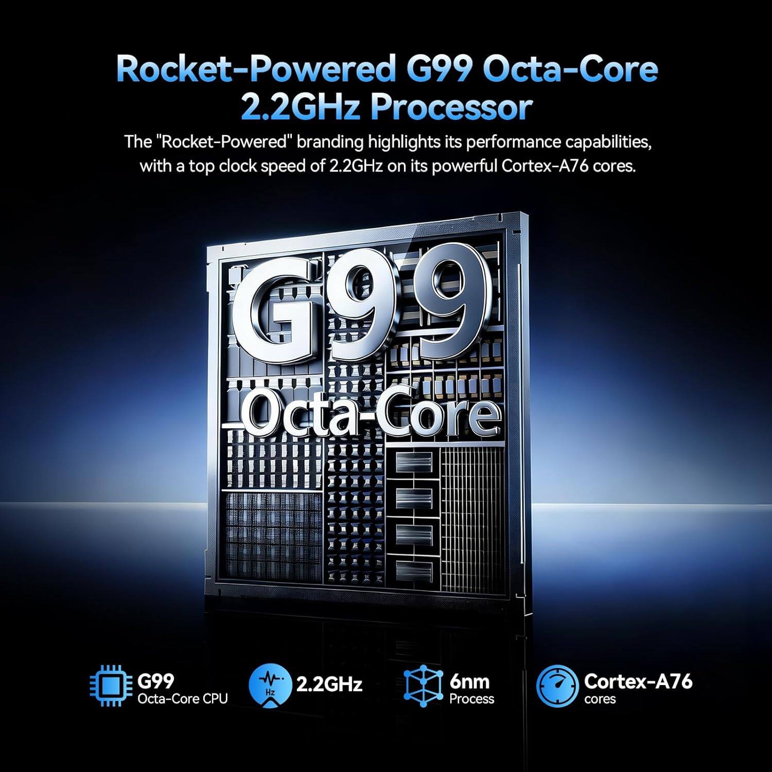 Rocket-Powered G99 Octa-Core 2.2GHz Processor

The "Rocket-Powered" branding highlights its performance capabilities, with a top clock speed of 2.2GHz on its powerful Cortex-A76 cores.

G99 Octa-Core CPU
2.2GHz
6nm Process
Cortex-A76 cores