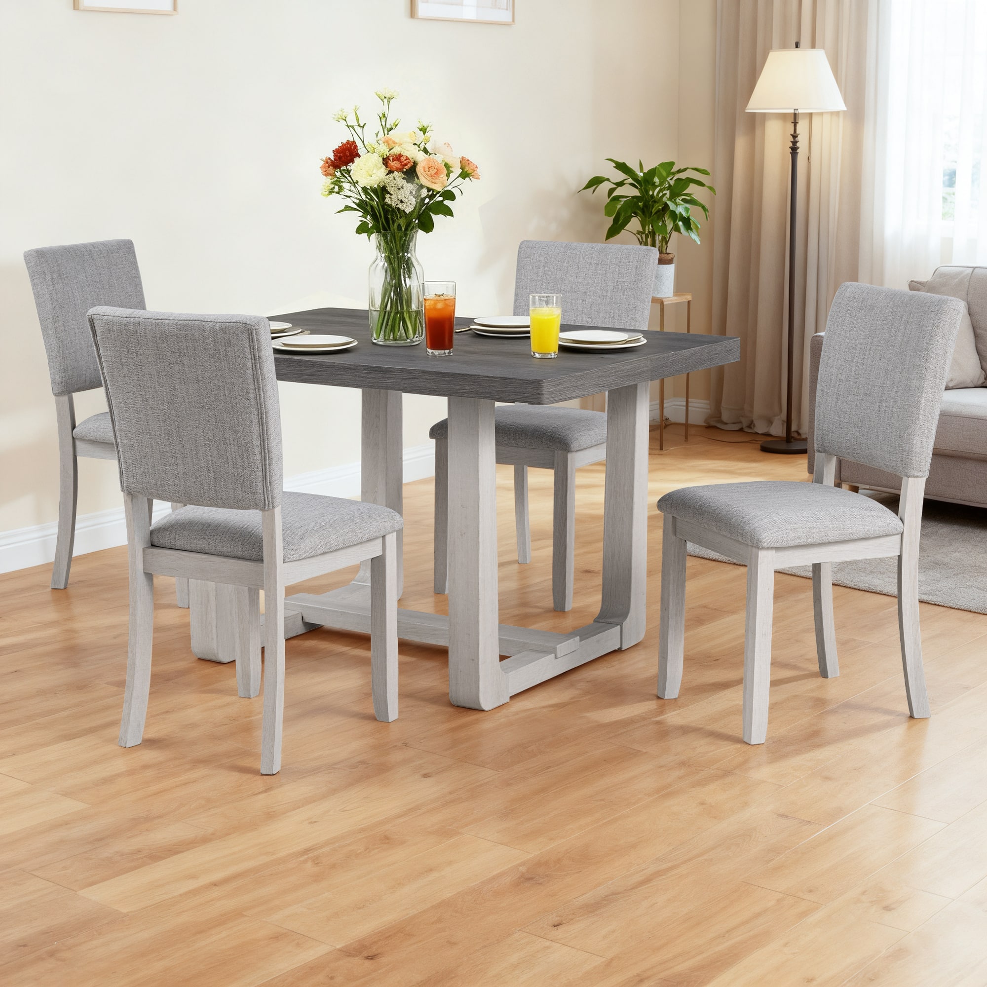 Parrot Uncle - 5-Piece Transitional Dining Table Set, Space-Saving Round Table and 4 Upholstered Chairs for Kitchen and Dining Room - Gray
