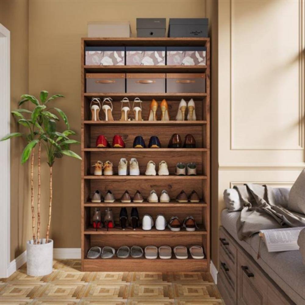 Angle. Hivvago - Freestanding 8-Shelf Shoe Rack for Closet Shelving Unit in Brown Wood Finish - Brown.