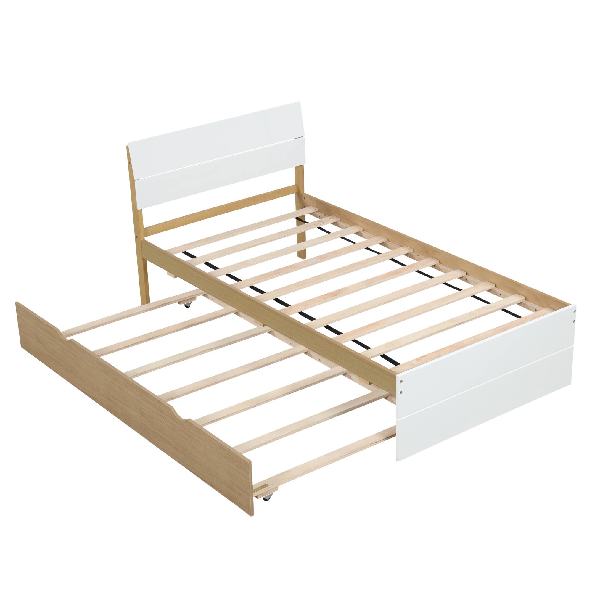 Alt View 4. GOODSILO - Contemporary Twin Bed Frame with Trundle Featuring High Gloss Headboard and Footboard - White+Light Oak.
