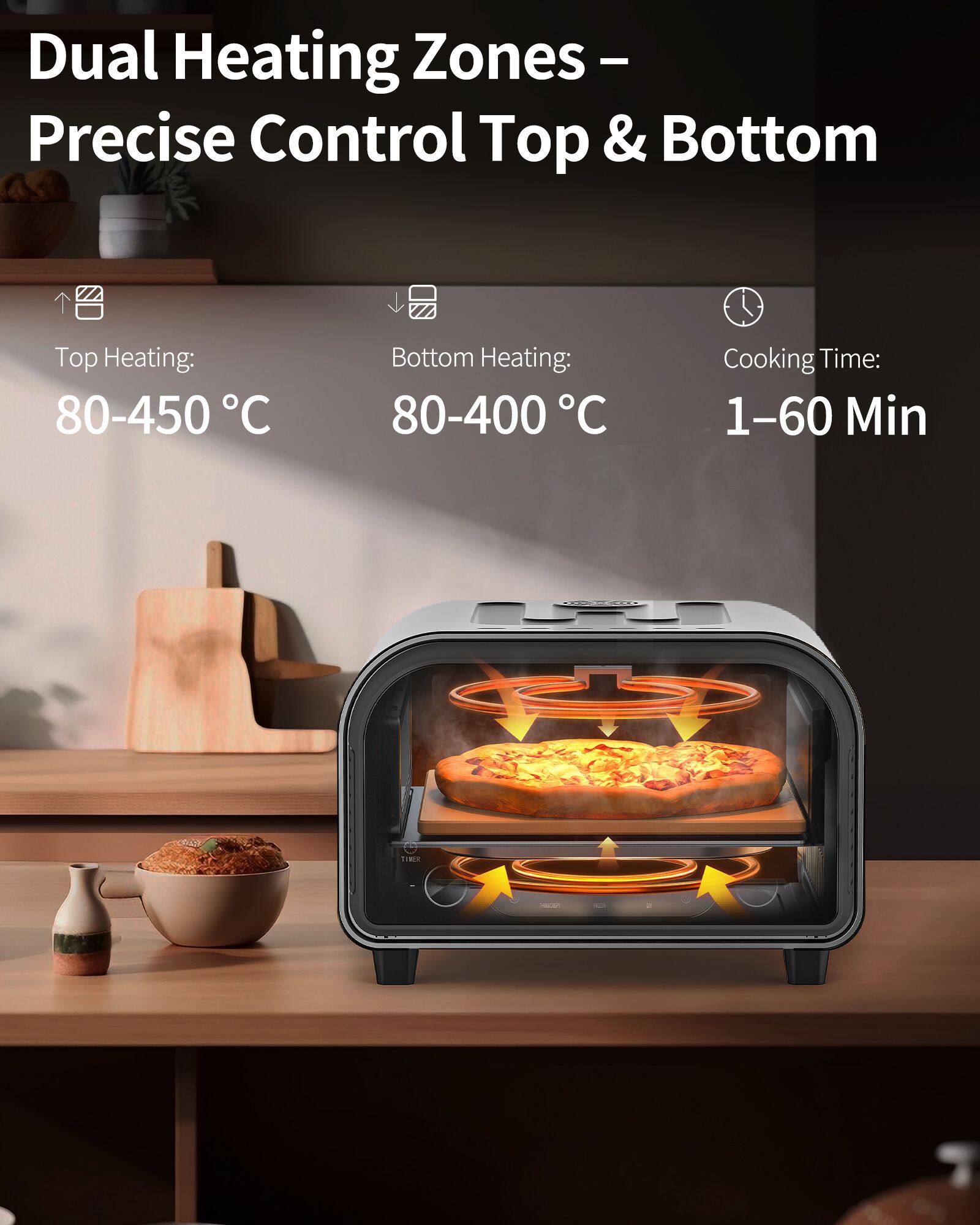 Dual Heating Zones – Precise Control Top & Bottom

Top Heating: 80-450 °C  
Bottom Heating: 80-400 °C  
Cooking Time: 1-60 Min