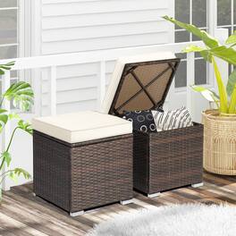 Gymax - 2PCS Outdoor Patio Ottomans Hand-Woven PE Wicker Footstools w/ Removable Cushions - Off White