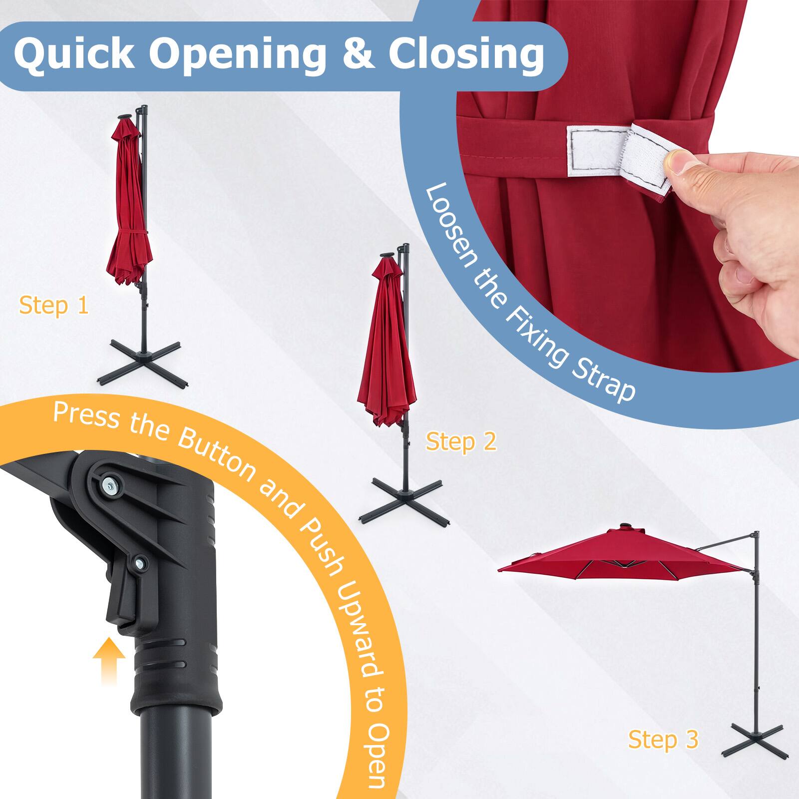 Quick Opening & Closing

Step 1: Press the Button and Push Upward to Open

Step 2: Loosen the Fixing Strap

Step 3