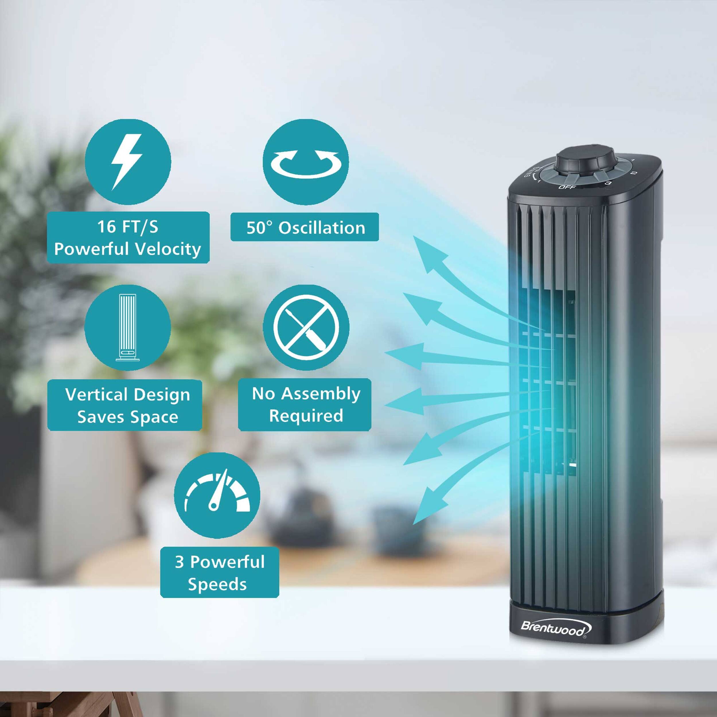 16 FT/S Powerful Velocity  
50° Oscillation  
Vertical Design Saves Space  
No Assembly Required  
3 Powerful Speeds  
Brentwood
