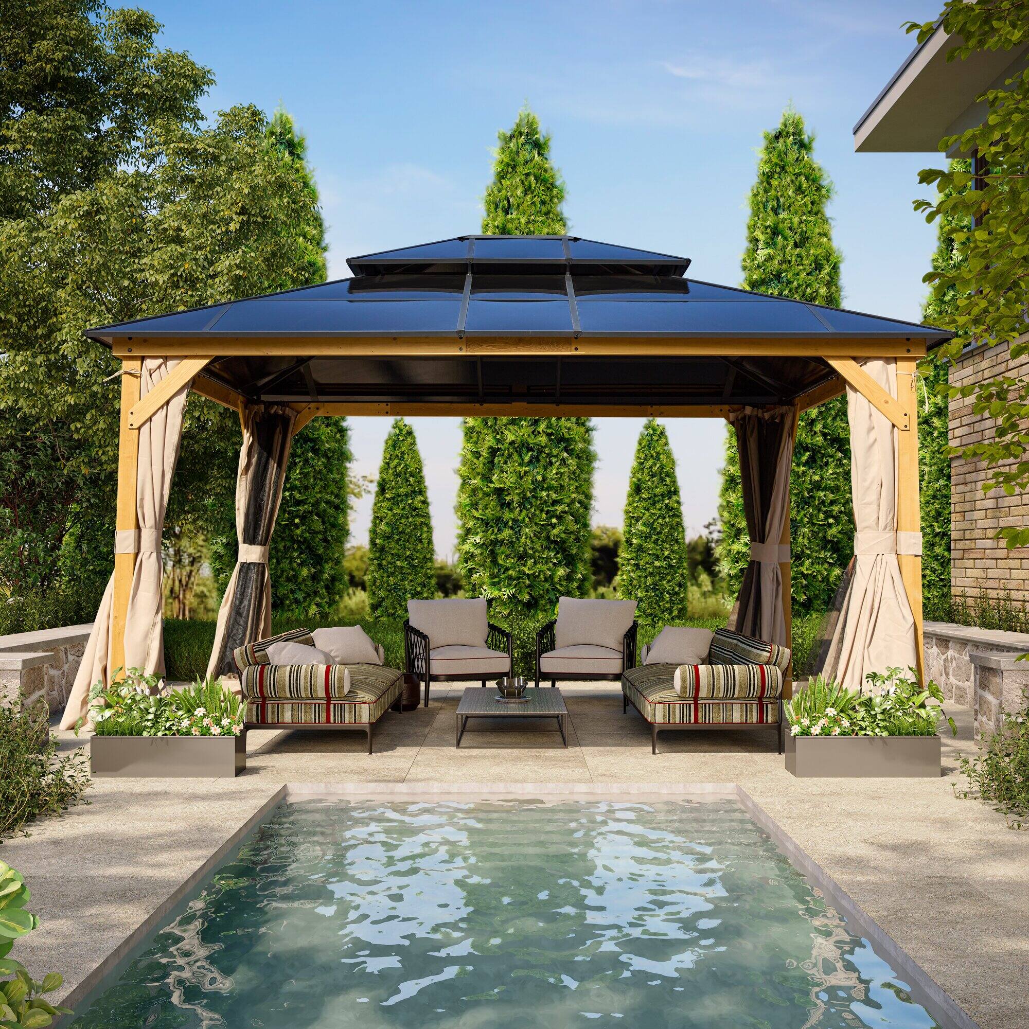 Angle. U-HOMY - 13'x15' Wood Double-Roof Gazebo - WoodFrame.