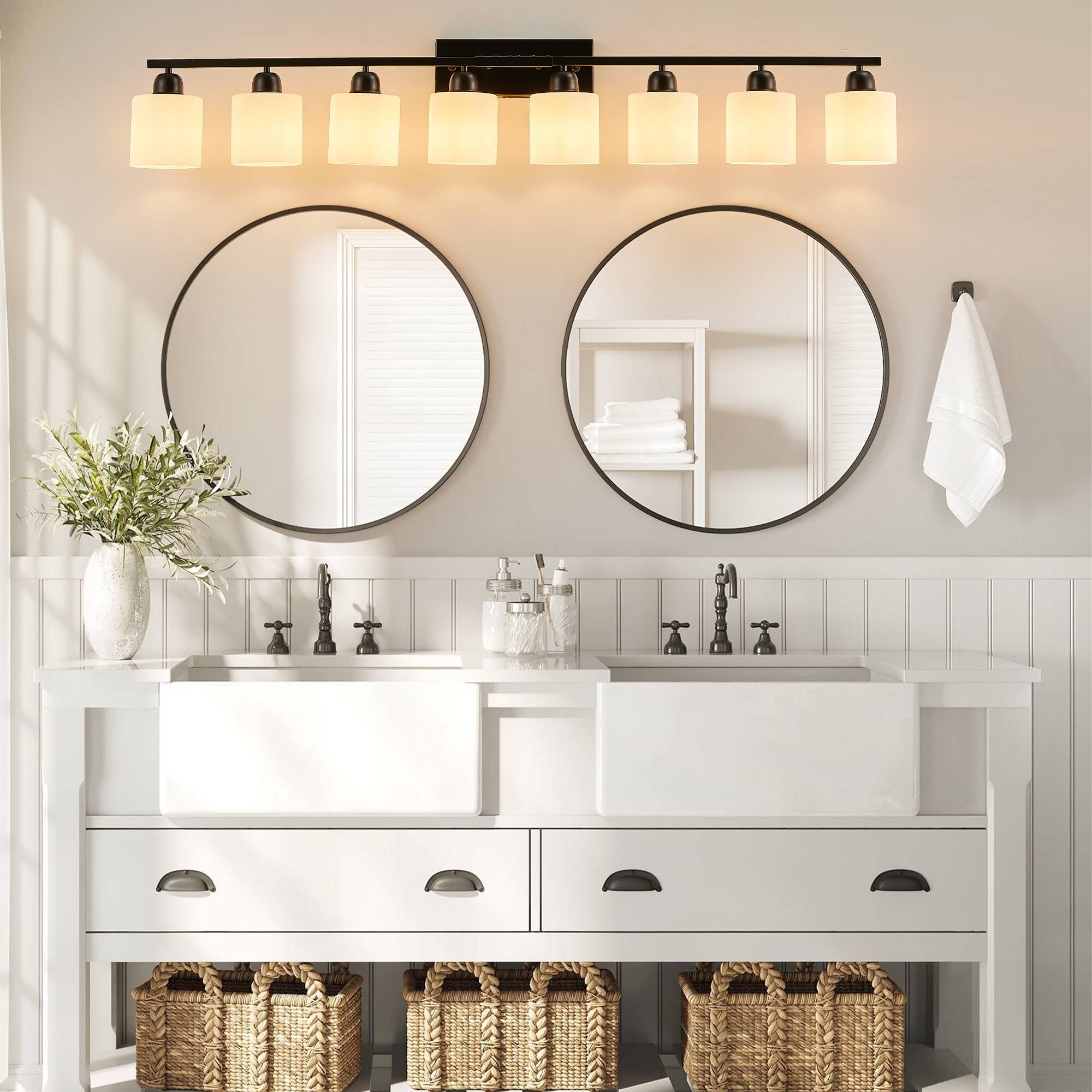 Left. HOMLUX - 51.57 in. 8 Lights Black LED Vanity Light Bar Vanity Accent Lighting Fixtures and Metal Wall Sconces with Crystal Shade.