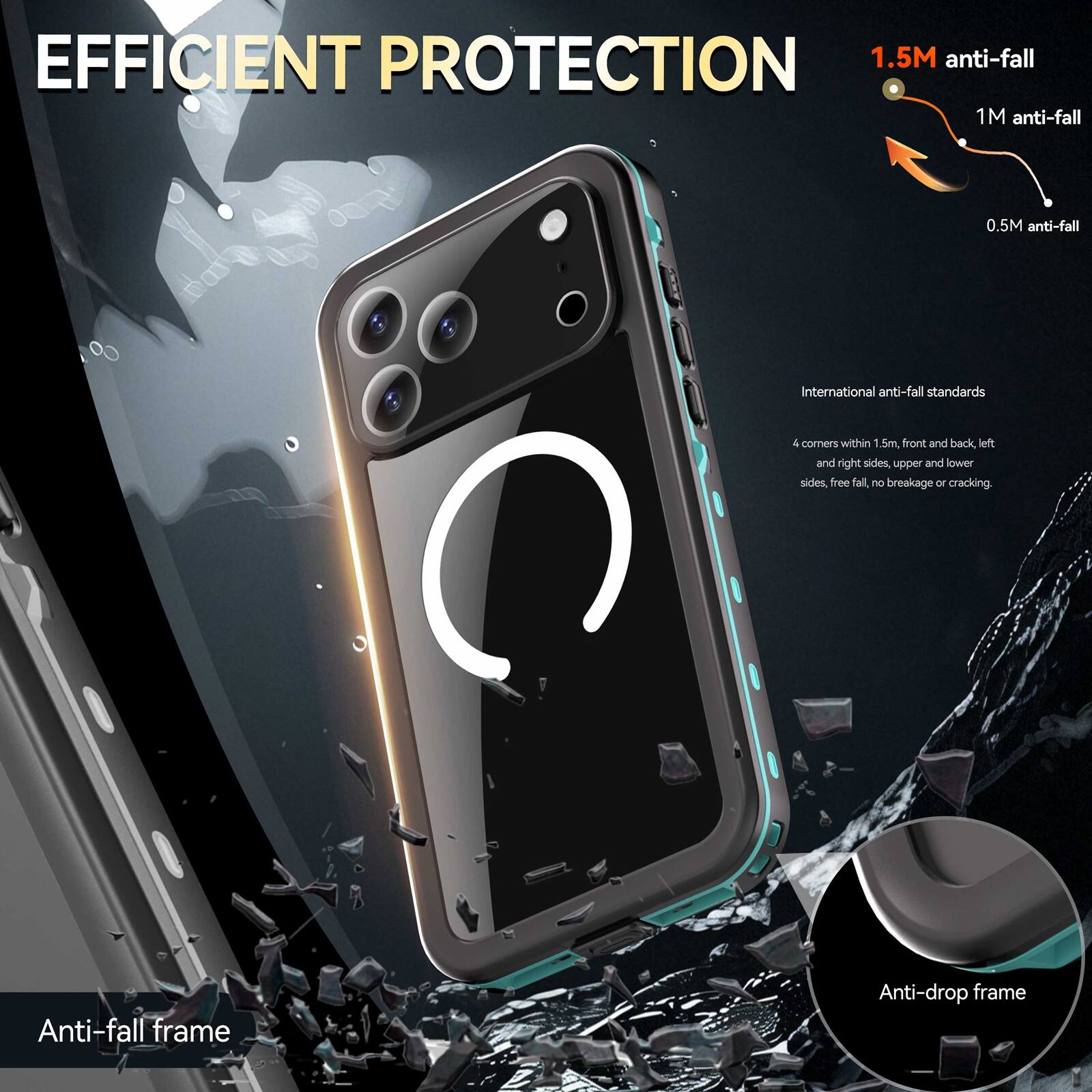 EFFICIENT PROTECTION

1.5M anti-fall  
1M anti-fall  
0.5M anti-fall

International anti-fall standards

4 corners within 1.5m, front and back, left and right sides, upper and lower sides, free fall, no breakage or cracking.

Anti-fall frame  
Anti-drop frame