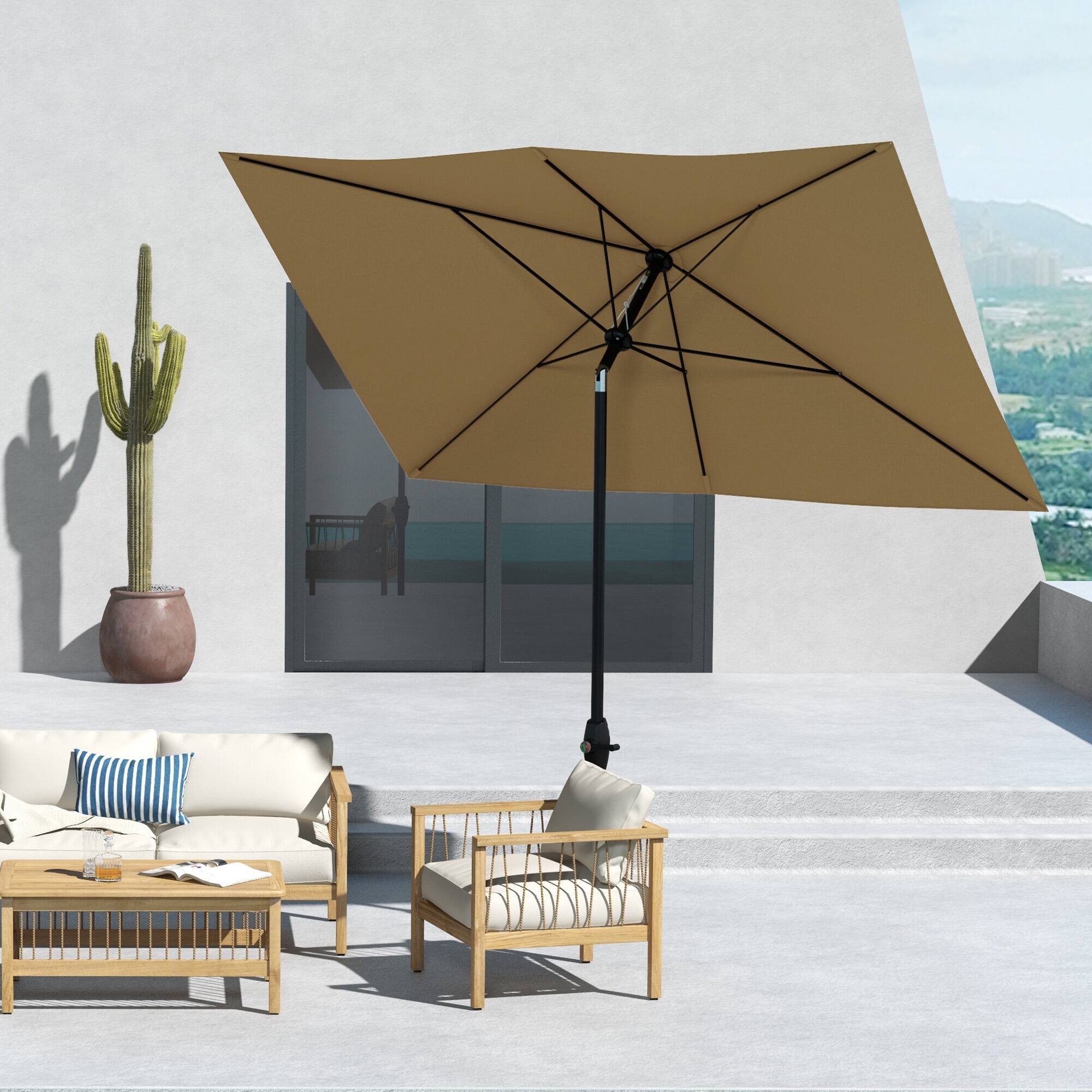 Alt View 5. Outsunny - 6.5' x 10' Rectangular Market Umbrella, Patio Outdoor Table Umbrella with Crank and Push Button Tilt - Coffee.