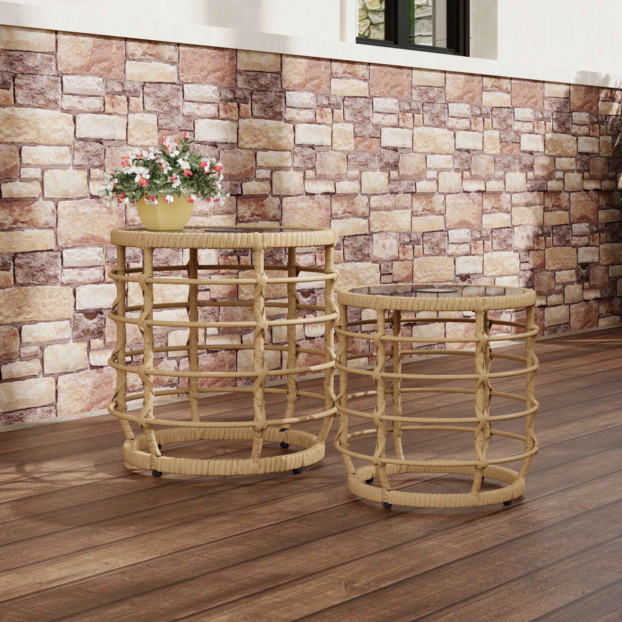 Alt View 10. FUFU&GAGA - Outdoor Rattan Solar Coffee Table Set with Glass Top and LED Light for Patio, Balcony, or Garden - Black & Wooden.