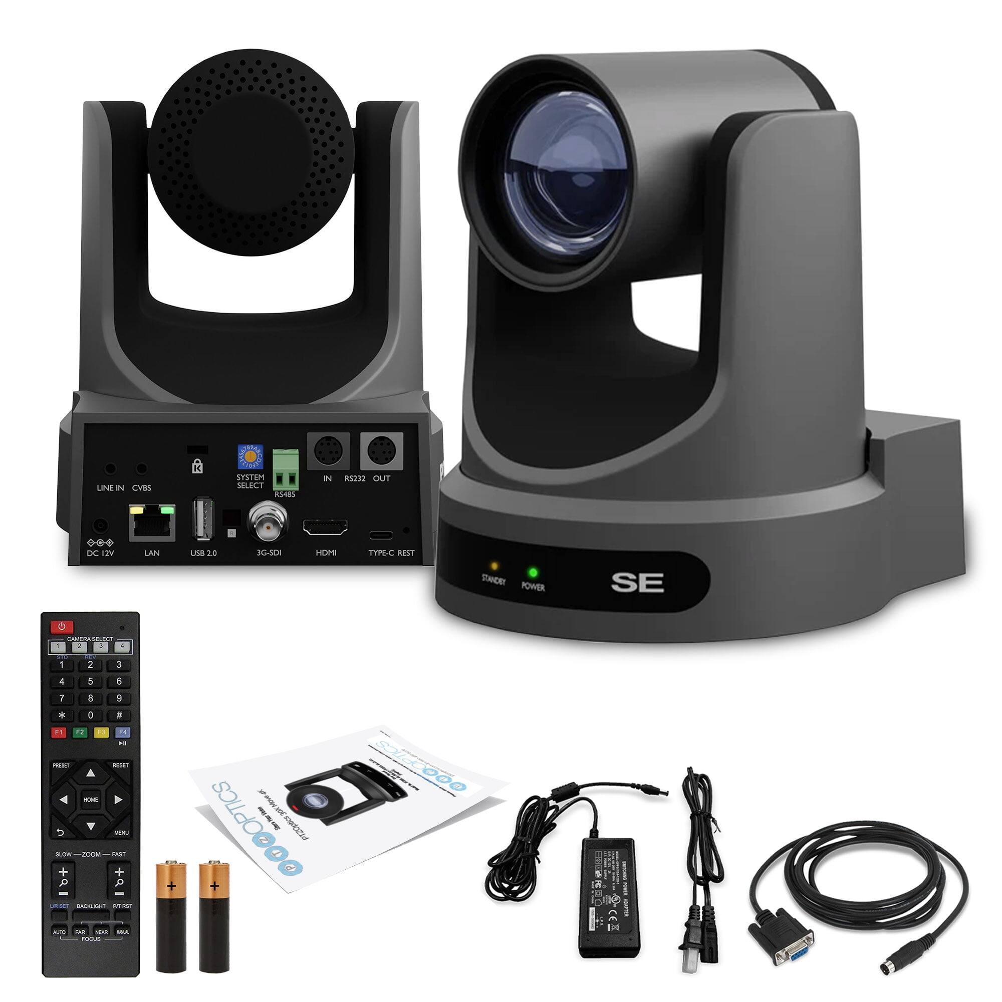 LINE IN CVBS  
SYSTEM SELECT  
IN RS232 OUT  
DC 12V  
LAN  
USB 2.0  
3G-SDI  
HDMI  
TYPE-C  
RESET  

CAMERA SELECT  
1 2 3  
4 5 6  
7 8 9  
* 0 #  
MENU  
POWER  
SLOW - ZOOM - FAST  
+ -  
AUTO FOCUS  
AUTO IR  
FOCUS