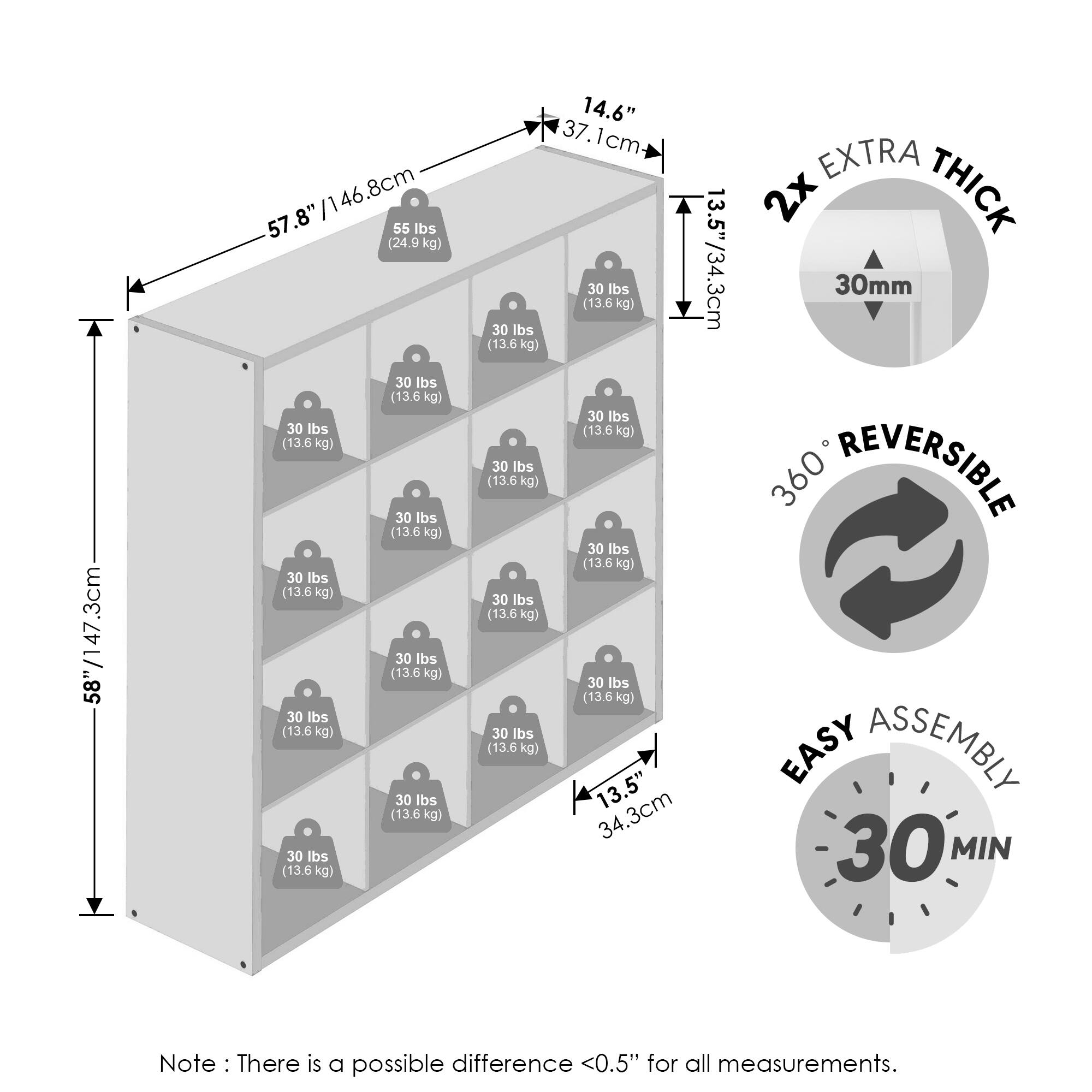 - 58" / 147.3cm
- 57.8" / 146.8cm
- 14.6" / 37.1cm
- 13.5" / 34.3cm
- 30 lbs (13.6 kg) (repeated multiple times)
- 55 lbs (24.9 kg)
- 2x EXTRA THICK 30mm
- 360° REVERSIBLE
- EASY ASSEMBLY 30 MIN
- Note: There is a possible difference <0.5" for all measurements.