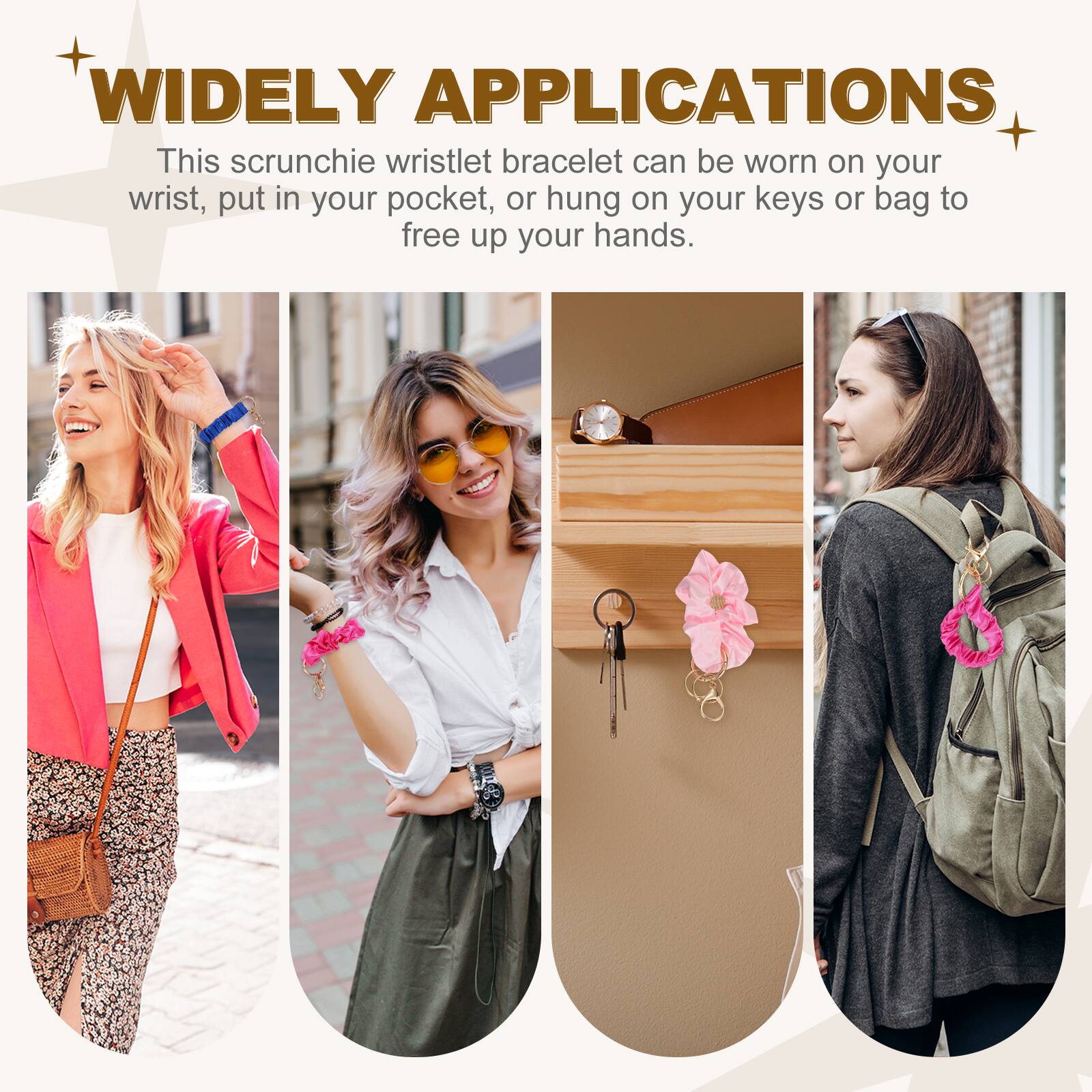 WIDELY APPLICATIONS

This scrunchie wristlet bracelet can be worn on your wrist, put in your pocket, or hung on your keys or bag to free up your hands.