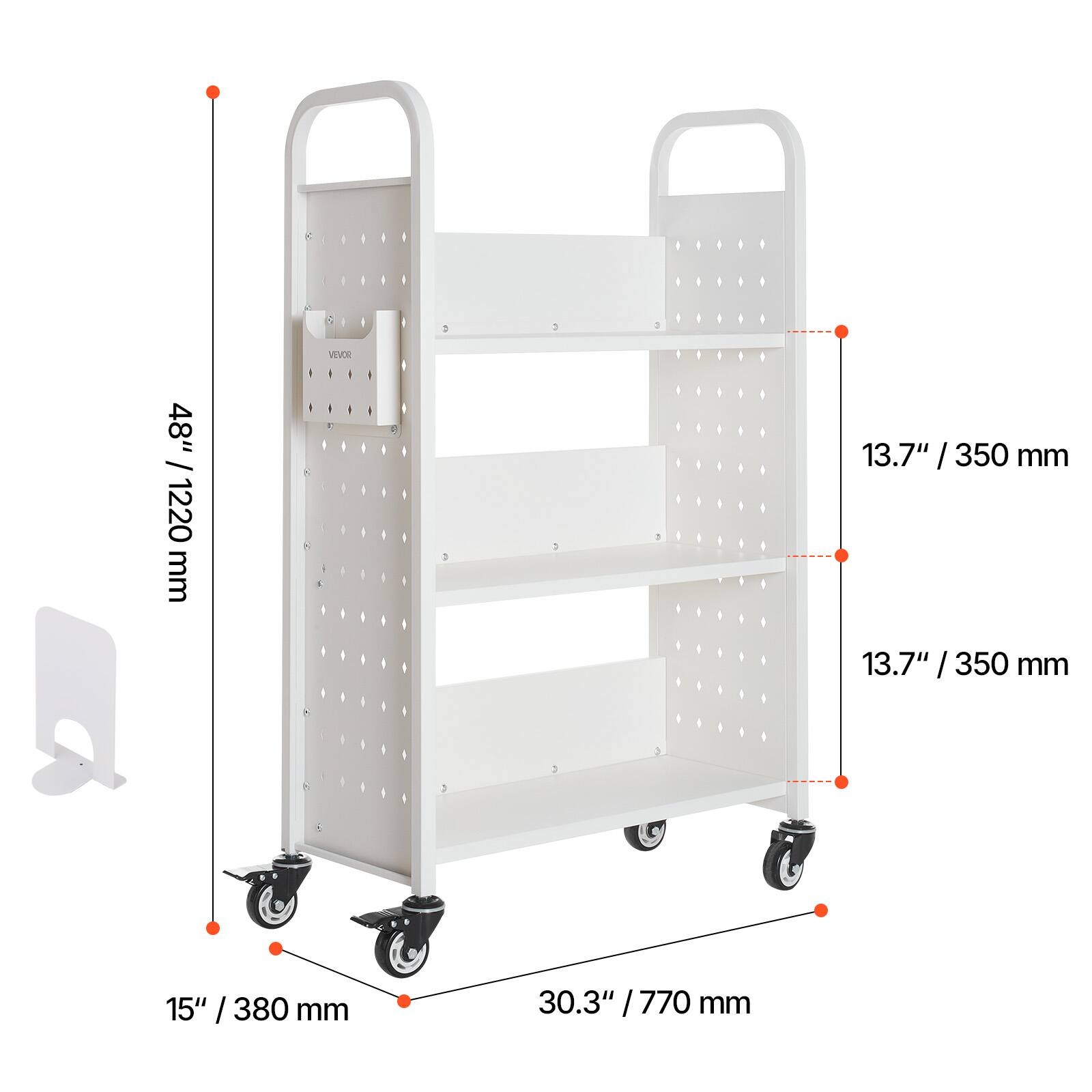- Height: 48" / 1220 mm
- Shelf depth: 13.7" / 350 mm
- Shelf depth: 13.7" / 350 mm
- Width: 15" / 380 mm
- Overall width: 30.3" / 770 mm
