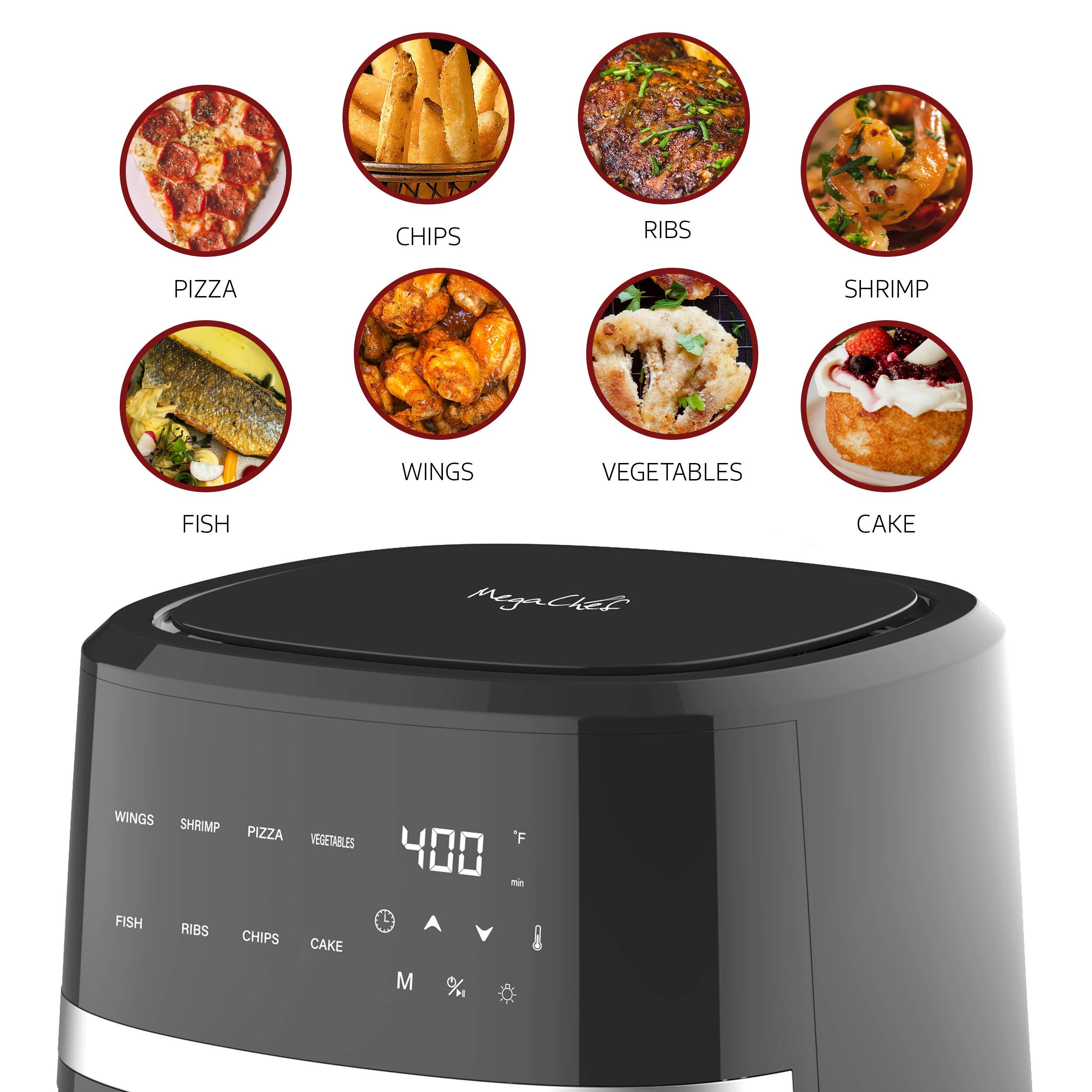 CHIPS  
RIBS  
PIZZA  
SHRIMP  
WINGS  
VEGETABLES  
FISH  
CAKE  

Mega Chef  

WINGS  
SHRIMP  
PIZZA  
VEGETABLES  
400°F  
FISH  
RIBS  
CHIPS  
CAKE  

M  
%