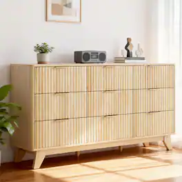 Winado - 57"L Fluted Chest of Dresser Drawers with 9 Drawers Wide Boho Wood Chest of Drawers Organizer for Living Room Bedroom - Oak