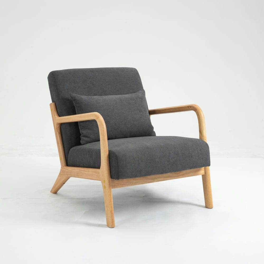 Resenkos - Mid Century Modern Accent Chair with Wood Frame & Waist Cushion, Upholstered Reading Armchair for Living Room, Gray - Gray