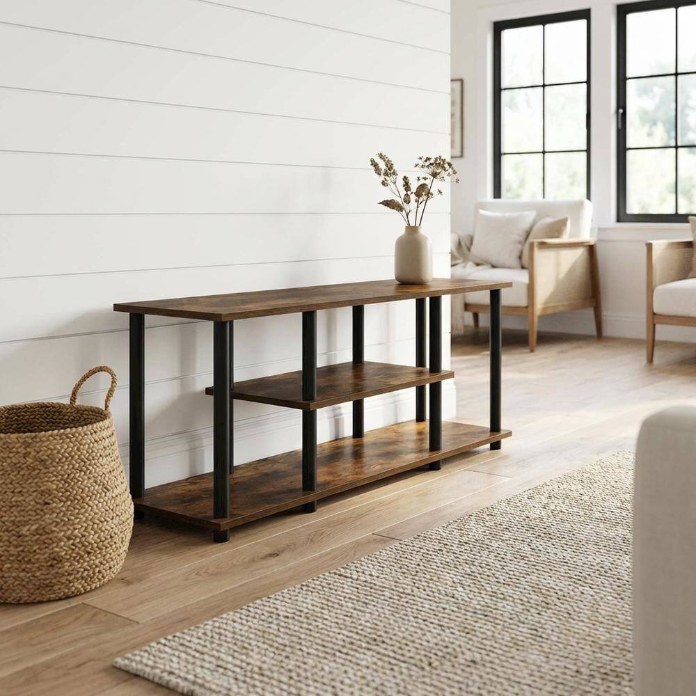 Alt View 1. FurniFact - Amber Pine/Black TV Stand with 3-Tier Storage and Wooden Construction - Brown Black.