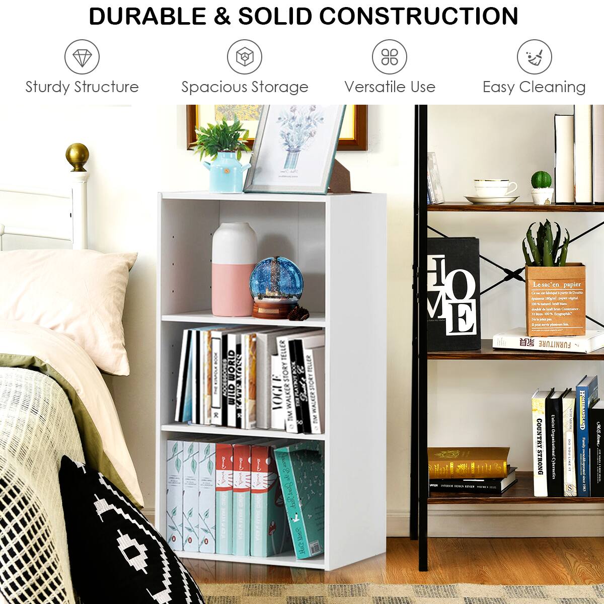 Durable & Solid Construction:

* Sturdy structure
* Spacious storage
* Versatile use
* Easy cleaning

The image features a bookshelf with a variety of books and decorative items, such as potted plants and vases. The bookshelf is described as having a sturdy structure, providing ample storage space, and being easy to clean. The versatile use of the bookshelf suggests that it can be used for both books and decorative items, making it a functional and attractive addition to the room.