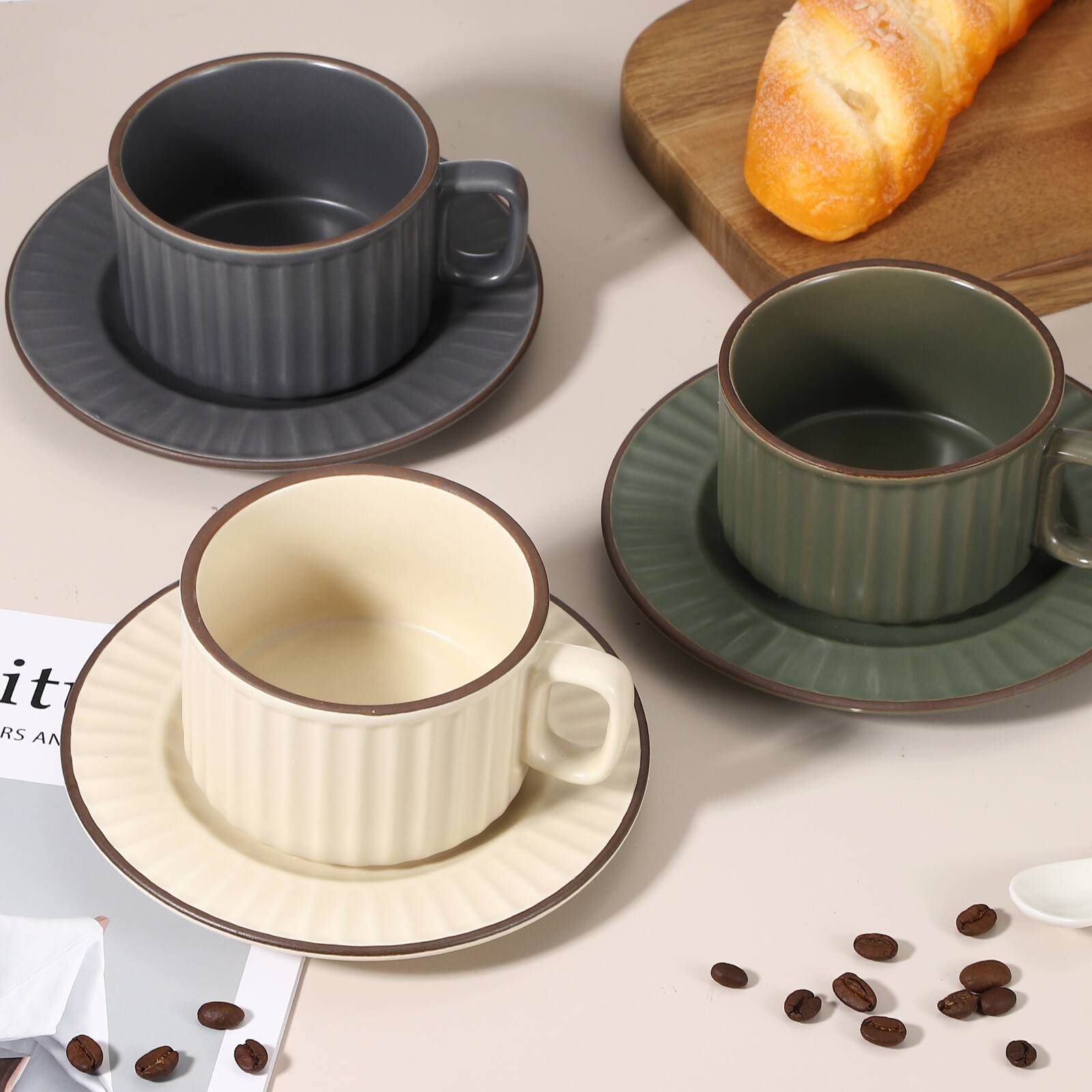 Alt View 4. Unique Bargains - Handmade Vintage Espresso Cups, 8oz Coffee Cups & Saucers Ceramic Tea Cup w/Handle, Microwave Safe for Home Office Gifts - Cream.