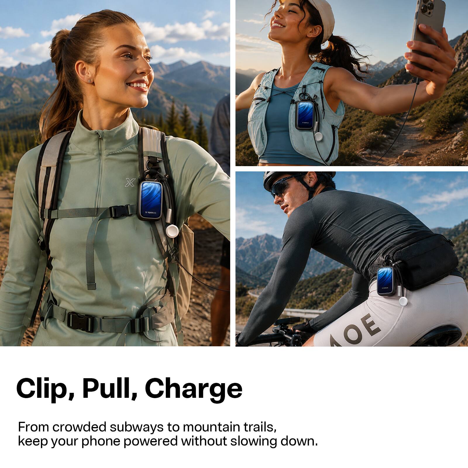 Clip, Pull, Charge

From crowded subways to mountain trails, keep your phone powered without slowing down.