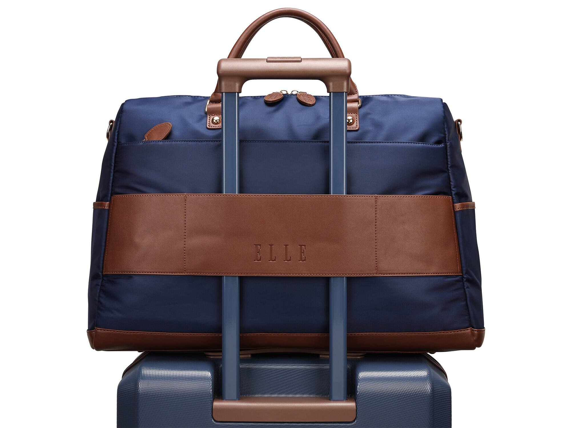 Angle. Elle - ELLE Luxe Journey 30L Twill and Vegan Leather Weekender Duffel Bag | Navy - Navy.
