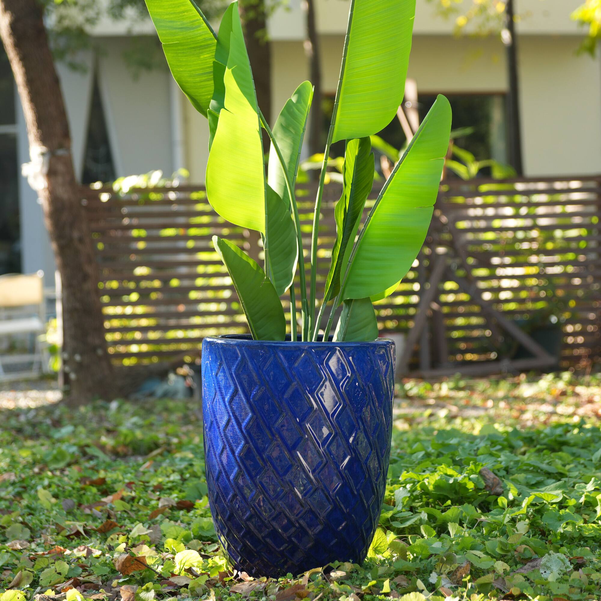 Angle. Loheer - Loheer Ceramic Planter Pot, 17 Inch Navy Blue Handmade Clay Planter, Diamond Pattern Large Indoor Outdoor Planter.