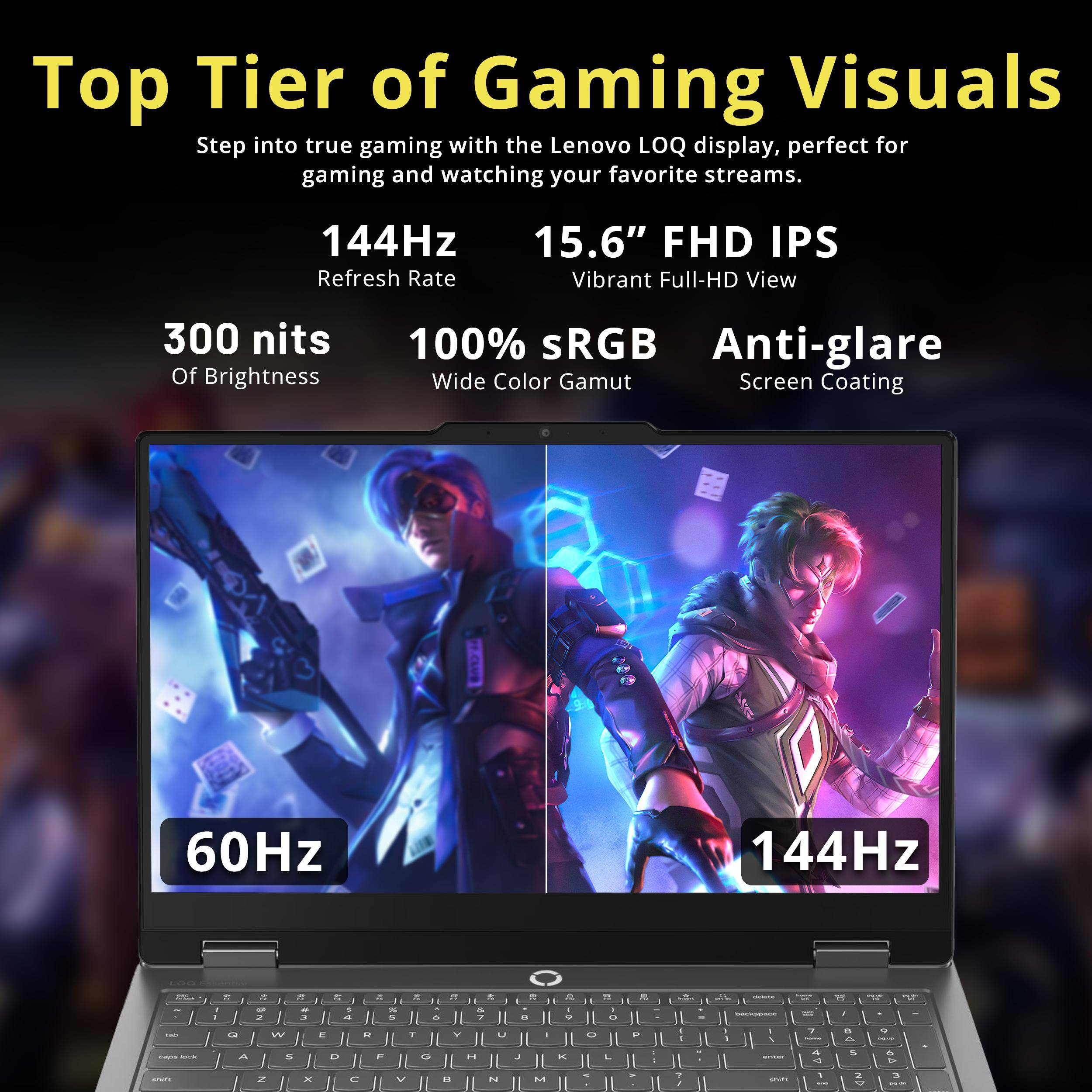 Top Tier of Gaming Visuals  
Step into true gaming with the Lenovo LOQ display, perfect for gaming and watching your favorite streams.  

144Hz Refresh Rate  
15.6" FHD IPS Vibrant Full-HD View  
300 nits Of Brightness  
100% sRGB Wide Color Gamut  
Anti-glare Screen Coating  

60Hz  
144Hz  

... FOR sictabux ... OCCORDER Amounts  
1  
29 Q A  
: a . 6 2 3 W s  
AT 5 4 E D  
by x S R F  
- 6 r G  
# 19 & 7 Y U H  
8  
& 1 4 9 I K  
D I . O L  
8 E P  
I  
I  
-  

comments: THIS book - I , I / - as mocomics A  
STA : e A 5  
HOT   9 -- . 6 b  
SONTH  
Z  
x  
C  
V  

N  
M  
%  
? /  
SPOTE  
1 KORE  
2 V  
3 HE