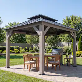 SUNJOY - 10 x 12 ft Cedar Wood Gazebo, Outdoor 2-Tier Black Coated Steel Hardtop for Patio, Lawn & Backyard