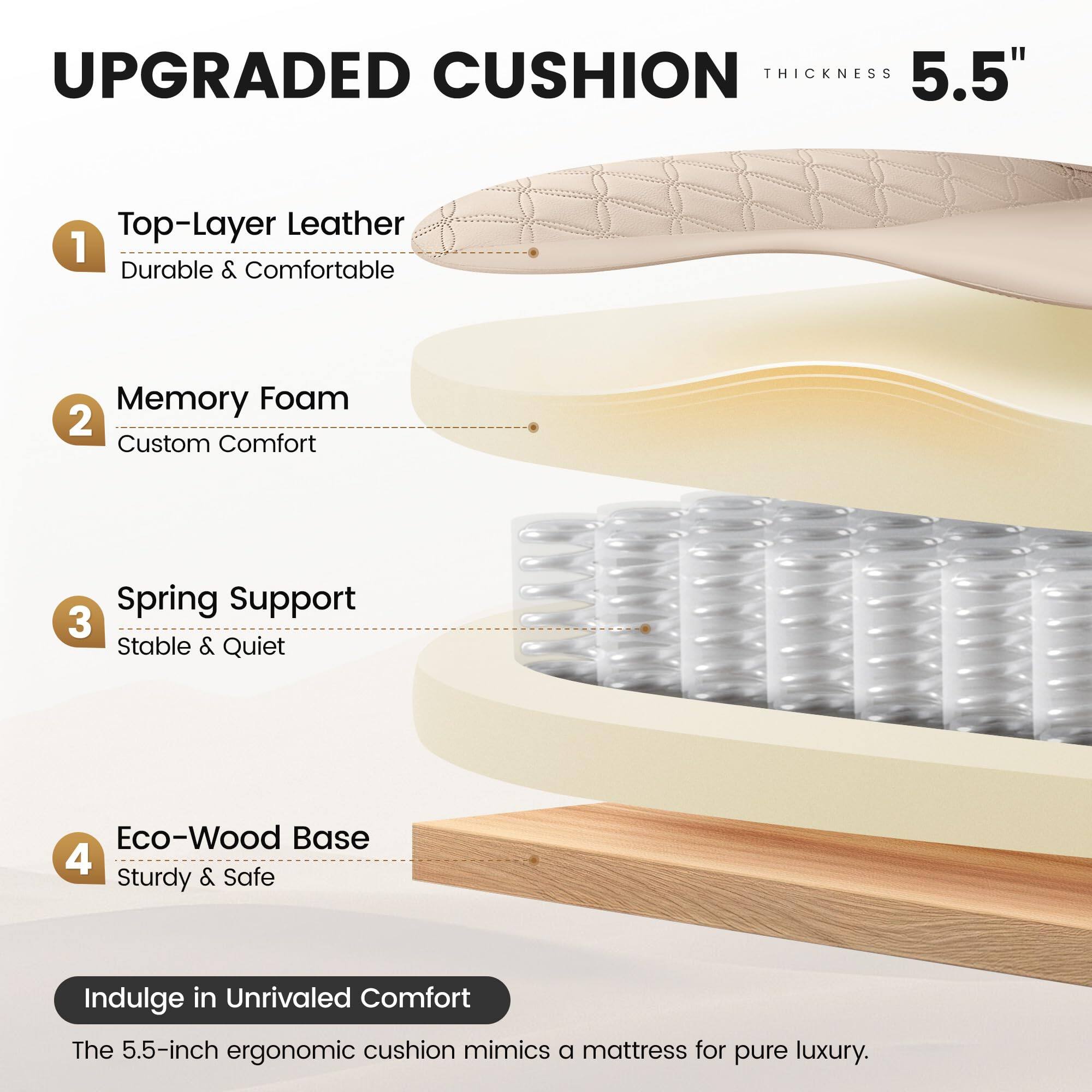 UPGRADED CUSHION  
THICKNESS 5.5"  

1. Top-Layer Leather  
   Durable & Comfortable  

2. Memory Foam  
   Custom Comfort  

3. Spring Support  
   Stable & Quiet  

4. Eco-Wood Base  
   Sturdy & Safe  

Indulge in Unrivaled Comfort  
The 5.5-inch ergonomic cushion mimics a mattress for pure luxury.