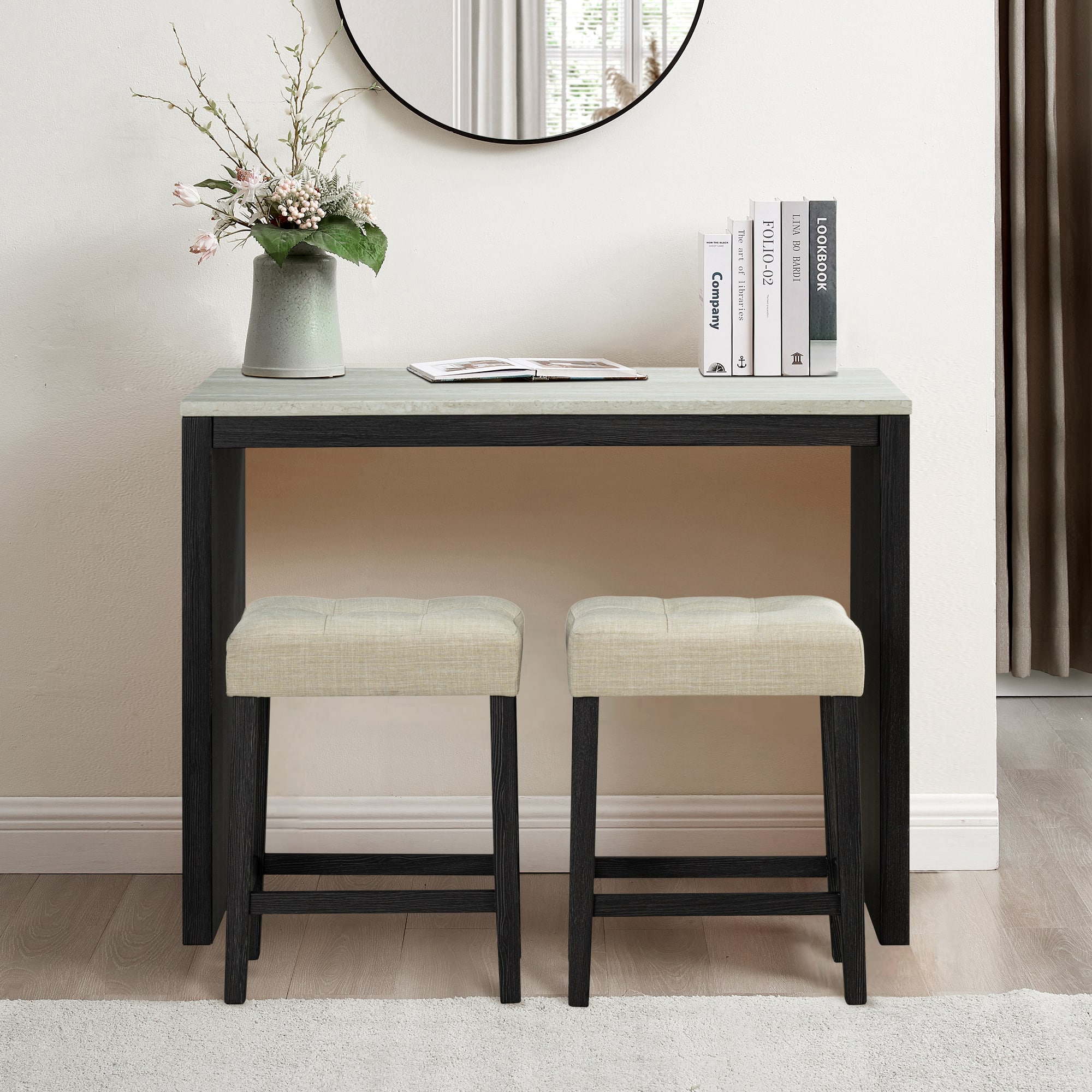 Parrot Uncle - 3-Piece Dining Set with Table and 2 Stools, Space-Saving Design for Small Apartments, Modern Kitchen Furniture - Dark black, Beige